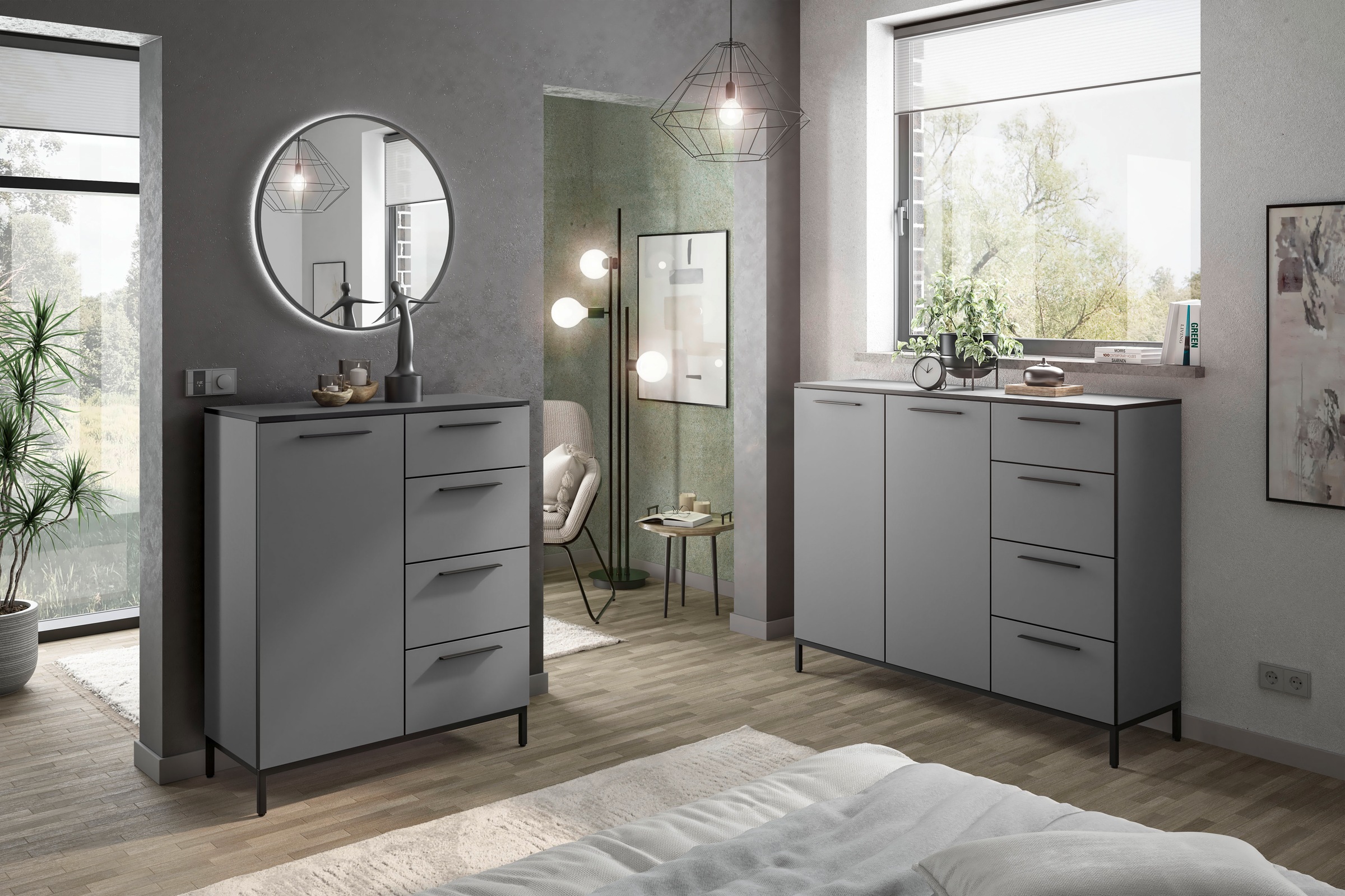 Manjana Möbel Kommode »mit Schwarz matten Metallgriffen in verschiedenen Ausführungen« mit Soft-Close-Funktion, mit melaminbeschichteter Oberfläche