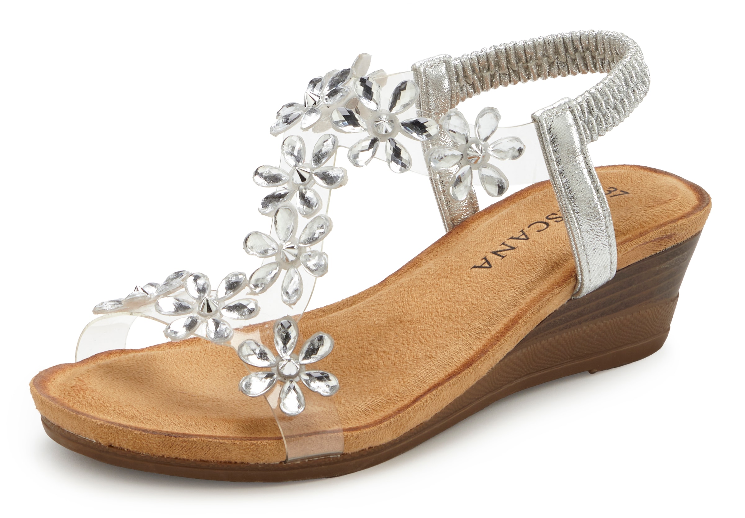LASCANA Sandalette »Sandale, Sommerschuh, offener Schuh, Keilsandalette,«  mit elastischen Riemchen und Keilabsatz VEGAN