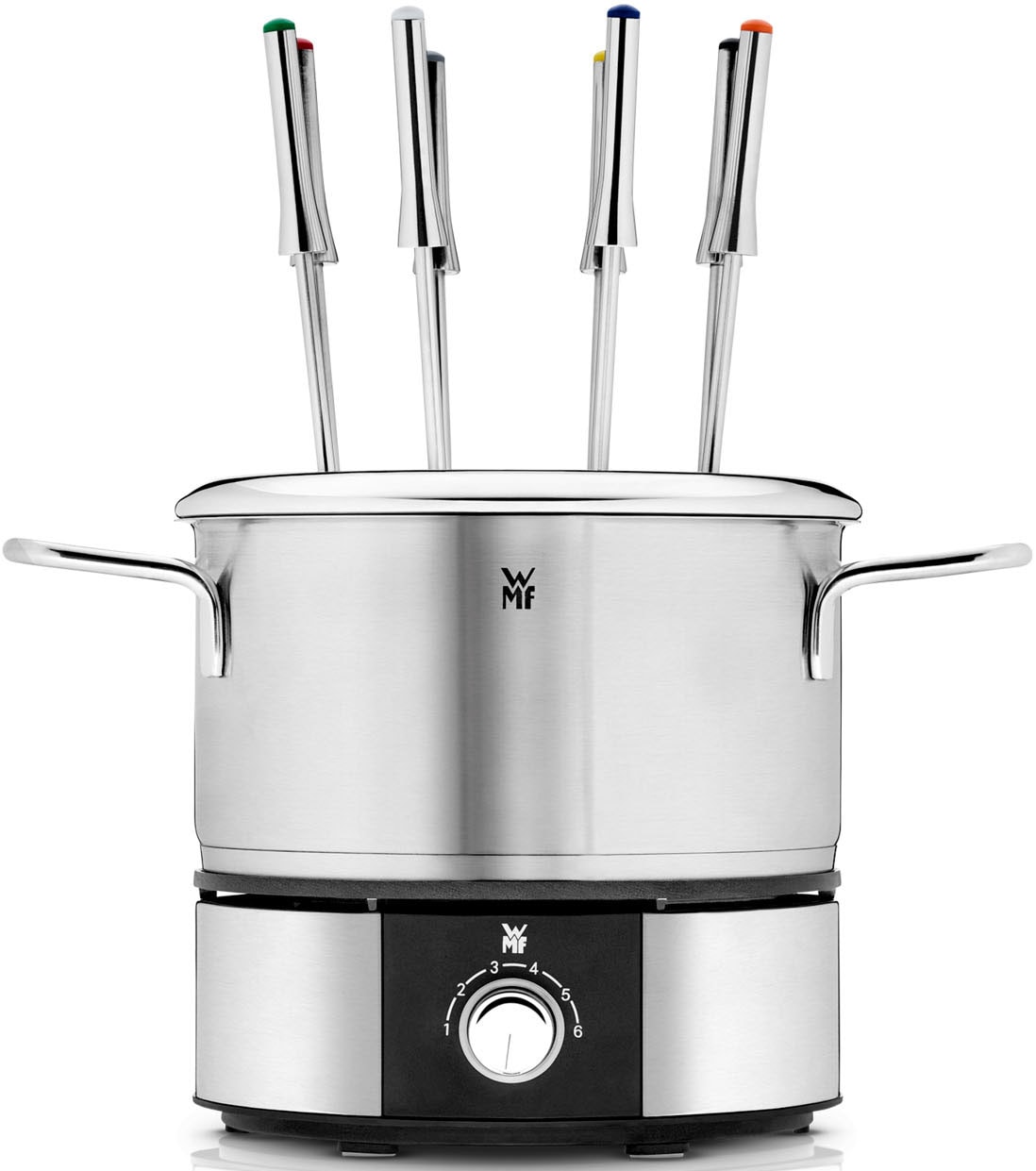 WMF Elektro-Fondue »LONO, mit Spritzschutzring, farblich markierte Fondue-Gabeln«, spülmaschinengeeignete Teile, LED-Ring, auch zum Warmhalten verwendbar
