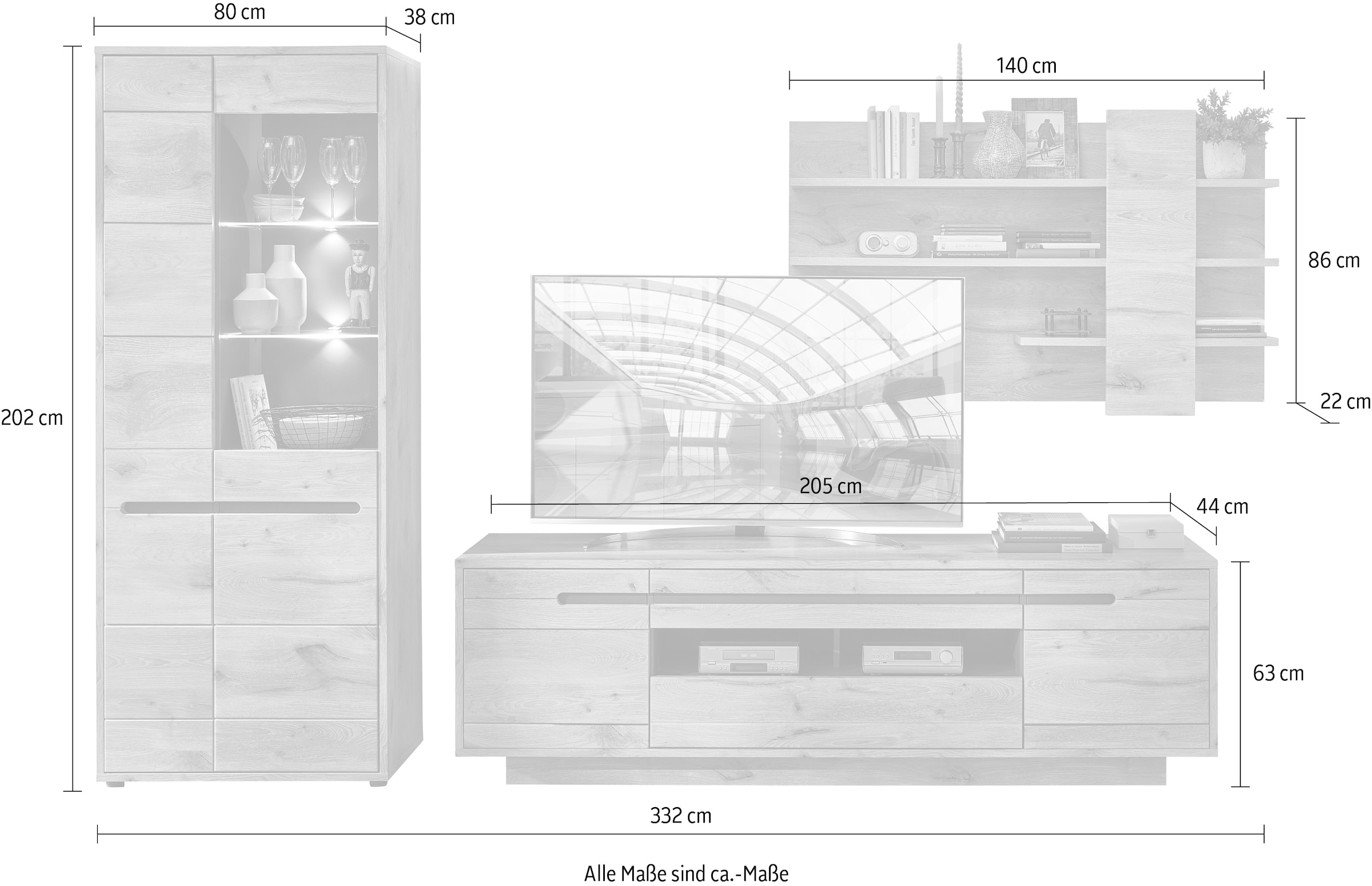 Innostyle Wohnwand »BELLANO«, (Komplett-Set, 3 St.), inkl. LED-Beleuchtung
