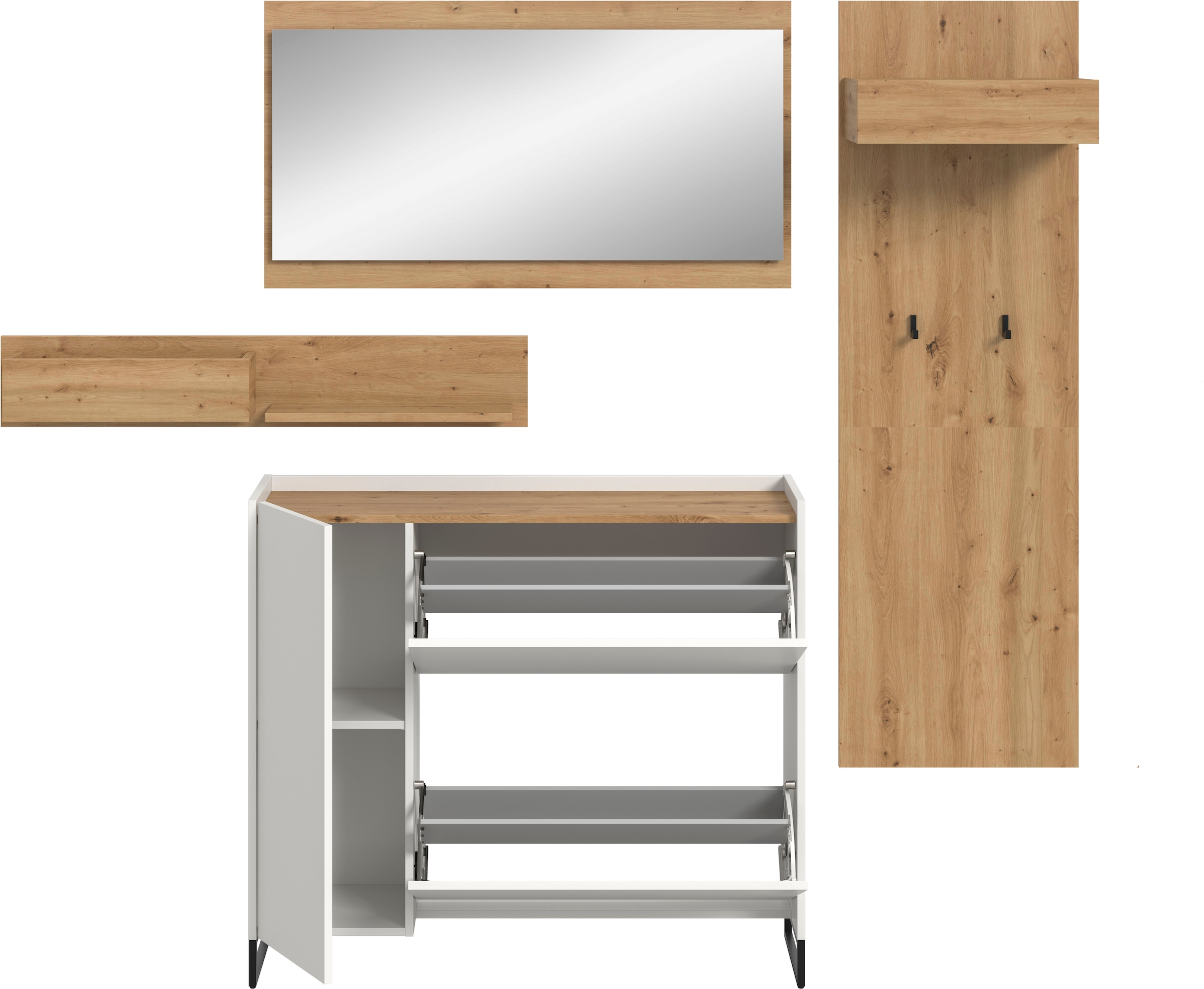 INOSIGN Garderoben-Set »EVRID, 3-teilig, Breite 175 cm, individuell stellbar & erweiterbar« best. aus: Kommode, Spiegel und Garderobenpaneel, 4 Stk. tlg. Garderobenkombination, Garderobe, Wandgarderobe, Flur, Diele