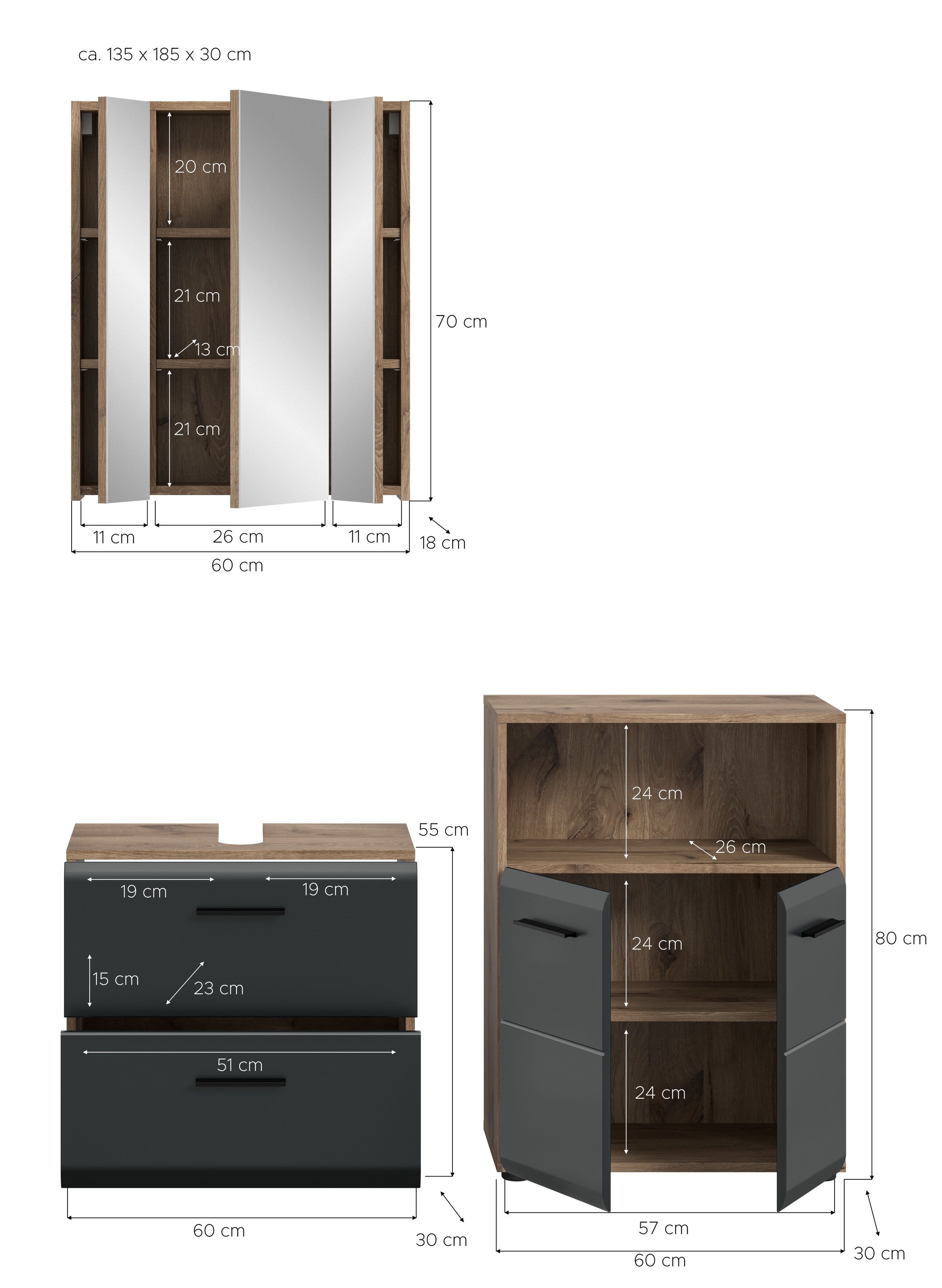 INOSIGN Badmöbel-Set »FLORENZ, TOPSELLER!, 3-teilige Badkombination, hochwertige MDF-Front«, (Set, 3 St., best. aus: Waschbeckenunterschrank, Spiegelschrank, Midischrank breit), Bad-Kombination, Bad-Möbel, Badezimmer, Kombination, Kombi
