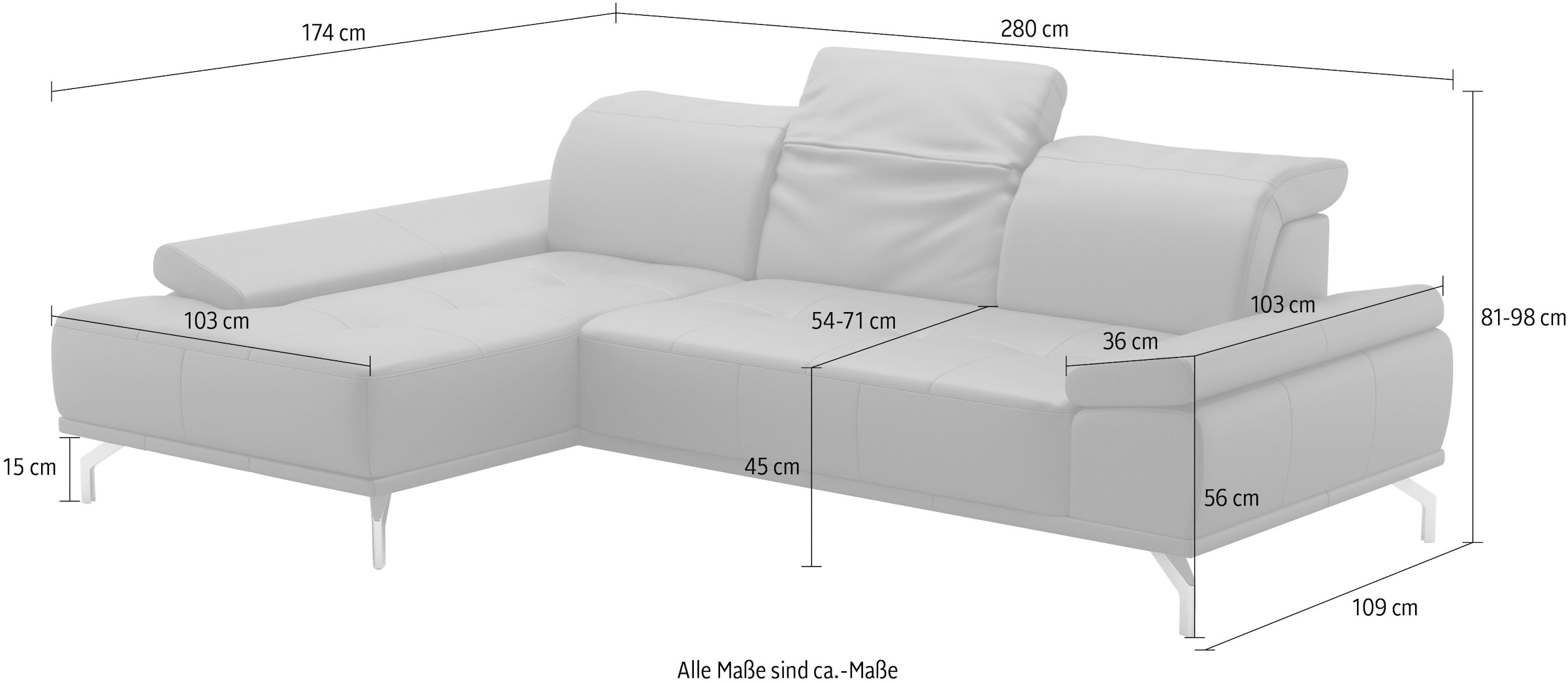 Places of Style Ecksofa »Caluna«, Inkl.Sitztiefenverstellung, wahlweise mit Kopf- und Armteilverstellung