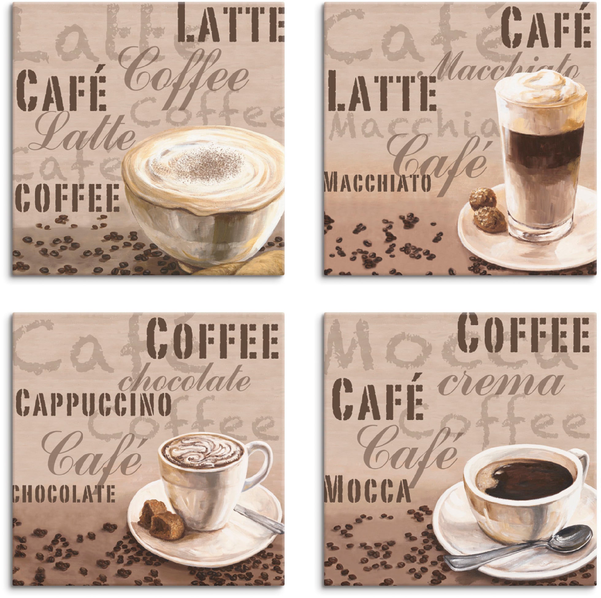 Artland Leinwandbild »Milchkaffee Latte MacchiatoChocolate«, Getränke, (4 St.), 4er Set, verschiedene Größen