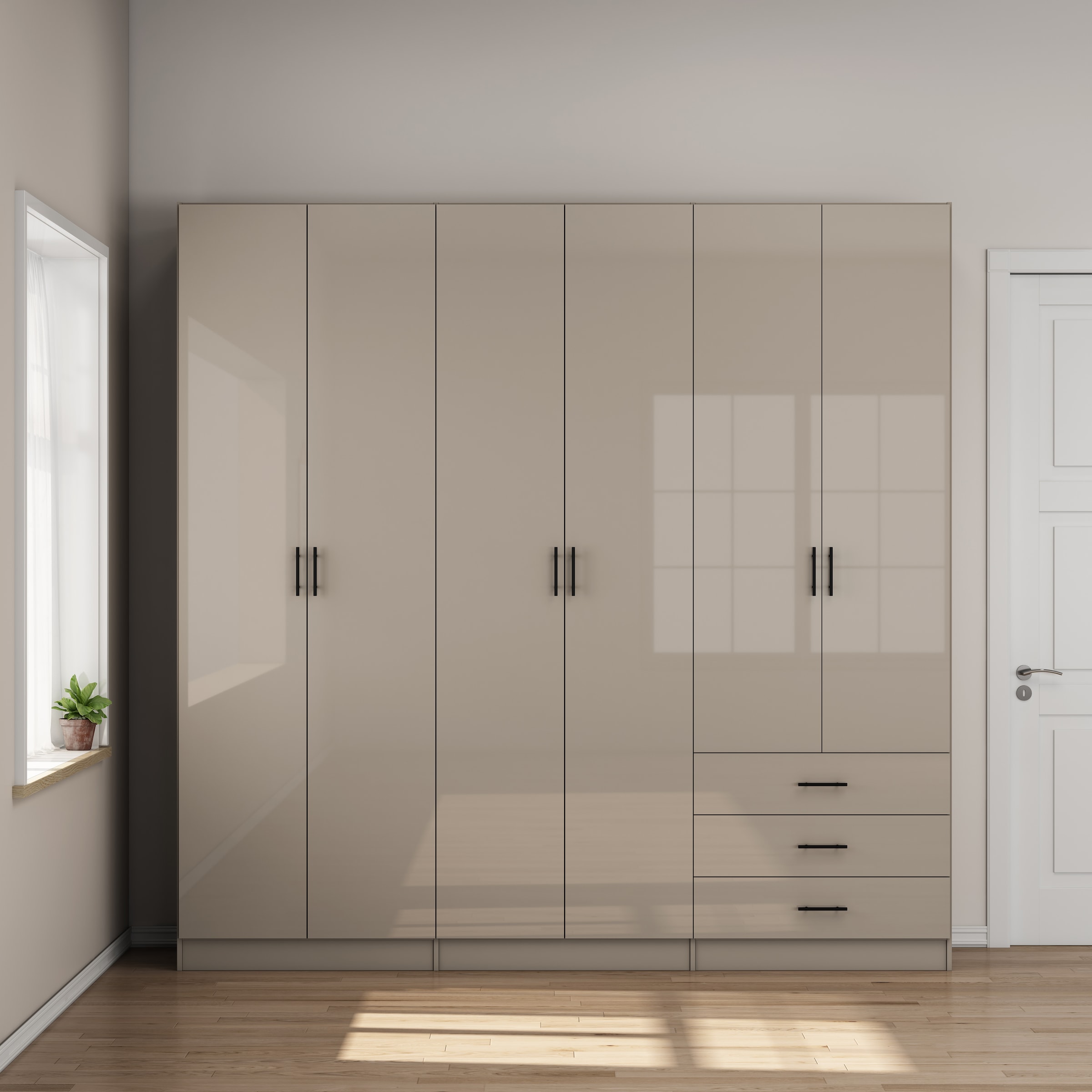OTTO home Kleiderschrank »Trento Schlafzimmerschrank Garderobe hochglanz« in 2 unterschiedlichen Schrankhöhen wählbar,  Schrank mit 6 Türen und 3 Schubladen, hochglanz Fronten, Höhe 2,39m