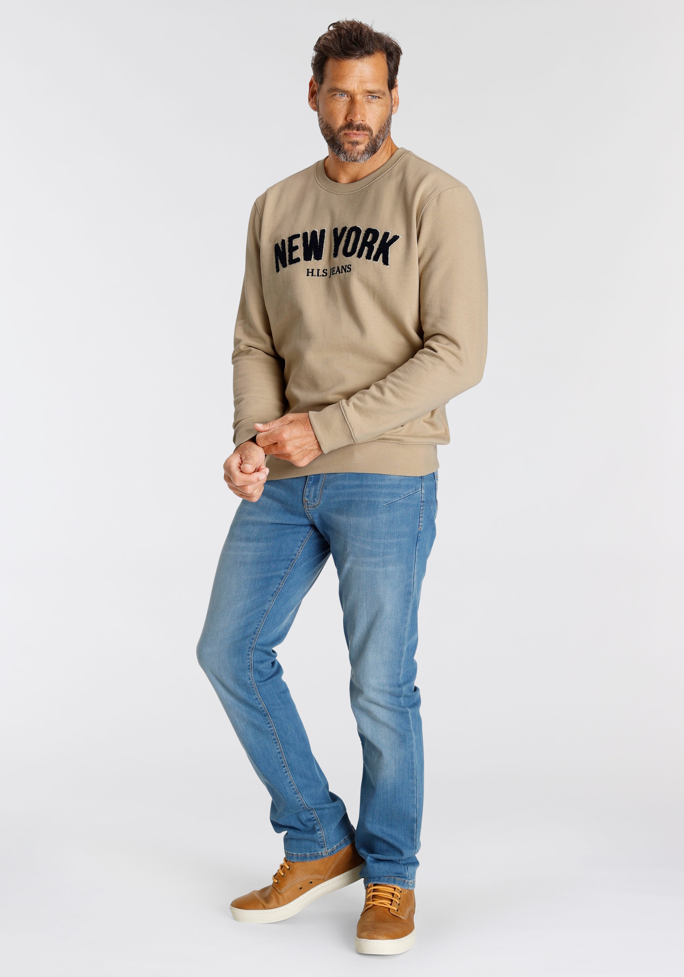 H.I.S Sweater, Langarm, lockere Passform, bestickte Optik, Rundhalsausschnitt