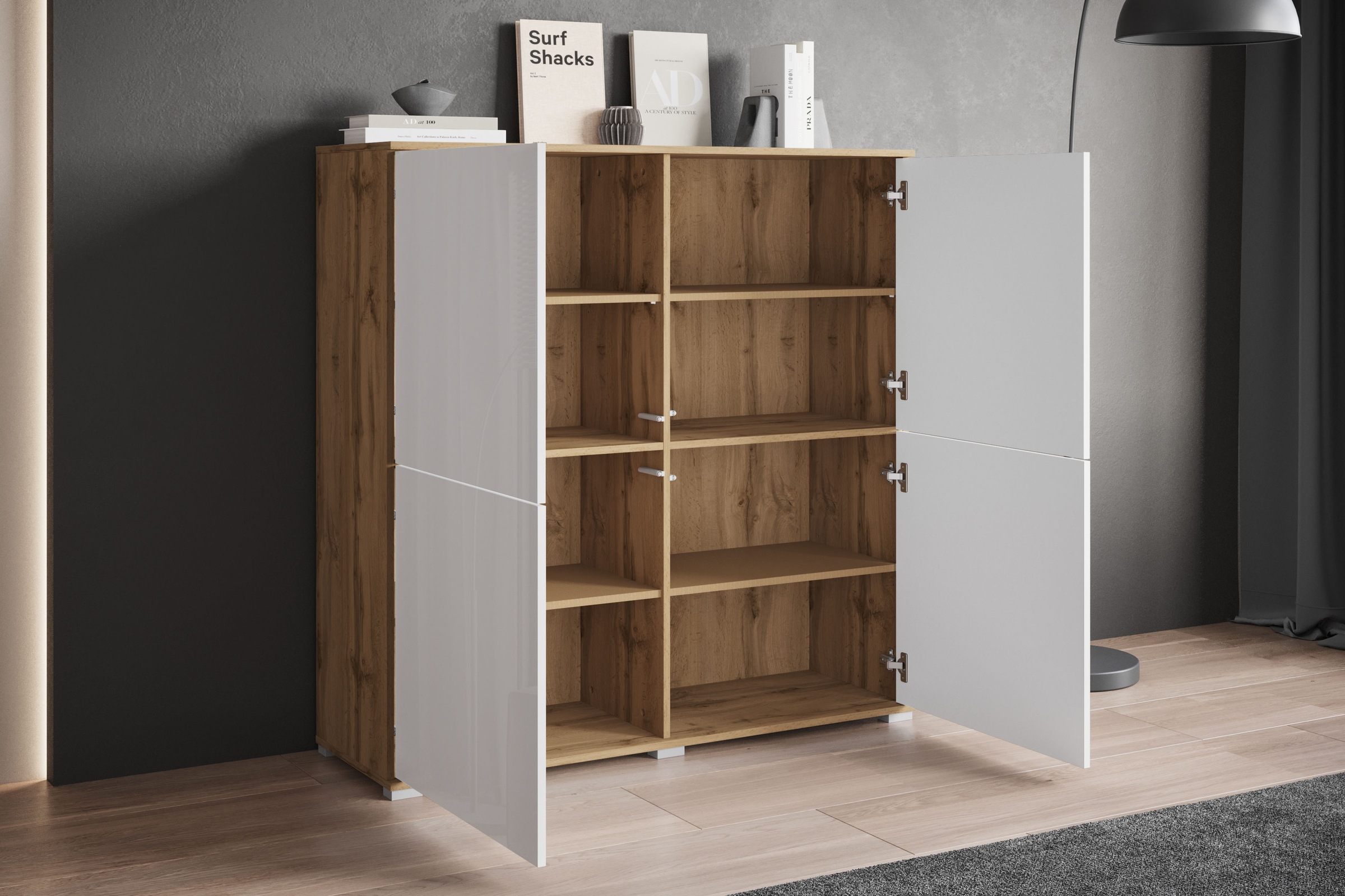 INOSIGN Highboard »Kenia, moderne grifflose Hochkommode mit 4 Türen, Breite 120 cm«, (1 St.), Push-to-Open-Fronten, höhenverstellbaren Einlegeböden