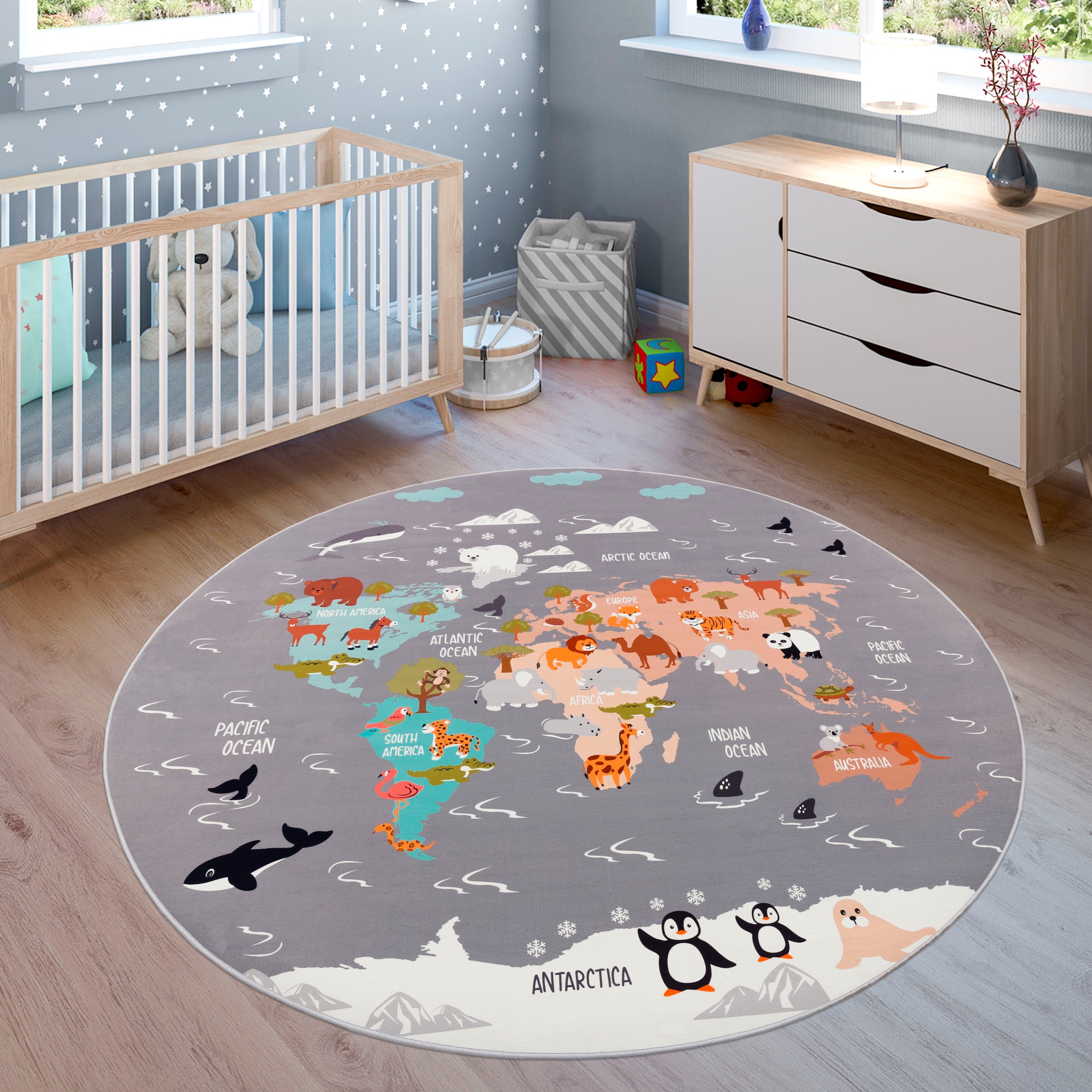 Paco Home Kinderteppich »Bino 581«, rund, Spielteppich, Motiv Weltkarte &  Tiere, Kinderzimmer bestellen online bei OTTO | Poster