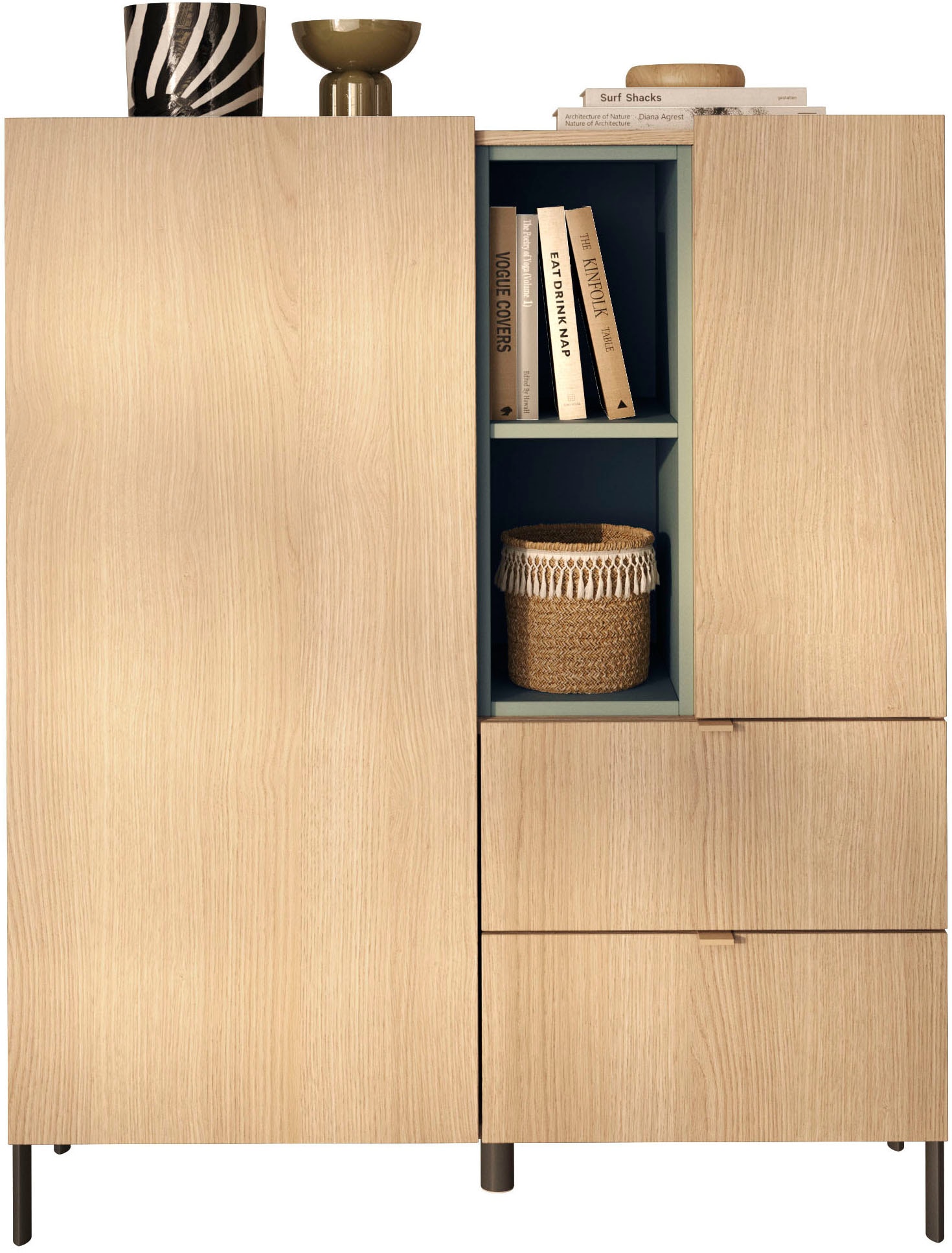 OTTO home Highboard »Badia, B/H 101/124 cm, 2 Türen, 2 Schubkästen, Stauraumschrank« Innenliegendes Top, gerade Metallfüße, salbeigrüne Farbakzente