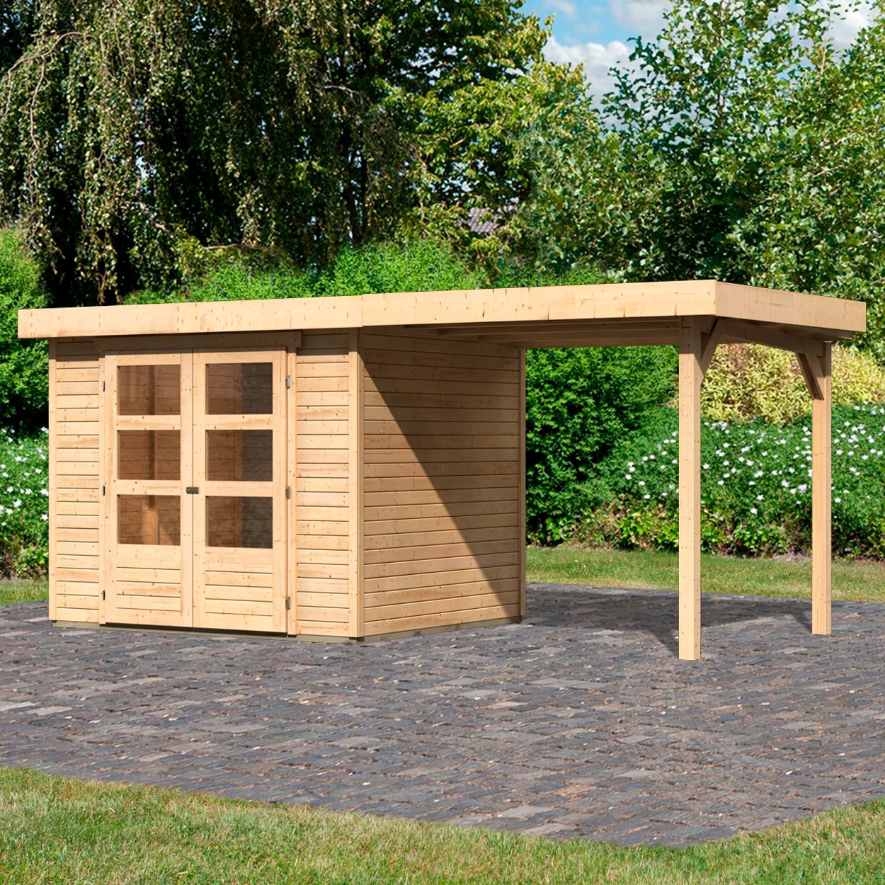 Karibu Gartenhaus »Arnis« mit Anbaudach 2,40 m Breite
