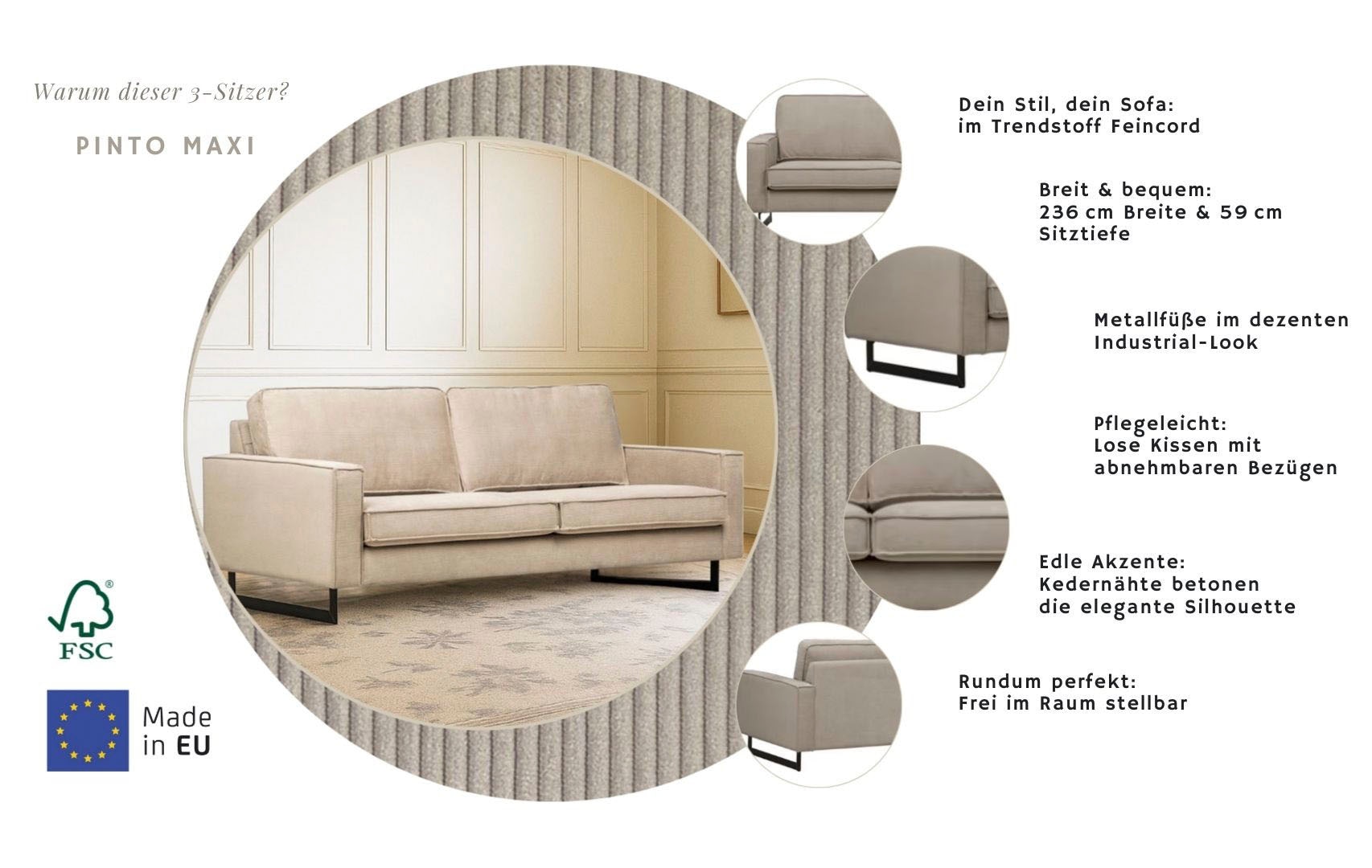 Home affaire 3-Sitzer »Maxi-Ausführung Pinto, 236 cm, Cord, Chenille, Lederoptik« mit Keder, schwarze Metallfüße, Wellenunterfederung