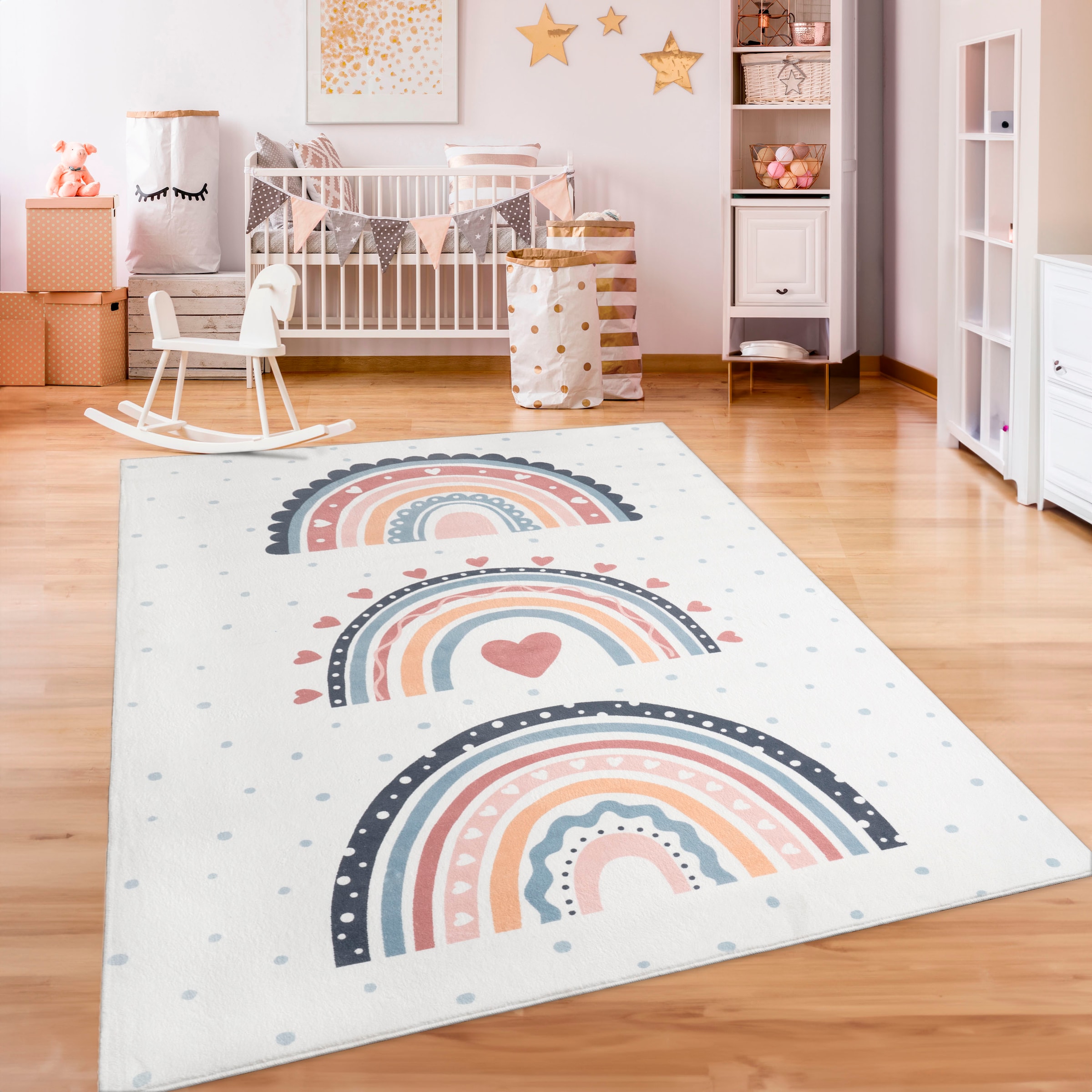 Paco Home Kinderteppich »Eliz 392«, rechteckig, Kurzflor, Spielteppich, Patchwork-Muster, Motiv Punkte & Regenbogen