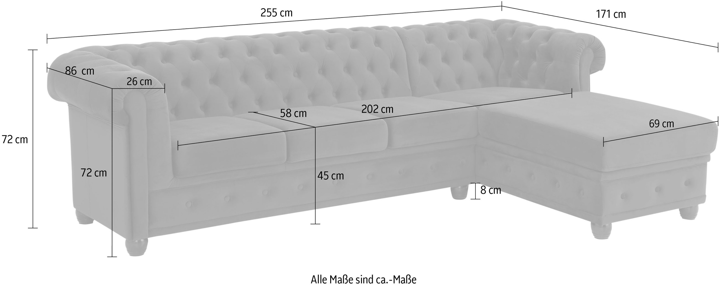 Home affaire Chesterfield-Sofa »New Castle L-Form« hochwertige Knopfheftung in Chesterfield-Design, B/T/H: 255(171/72)