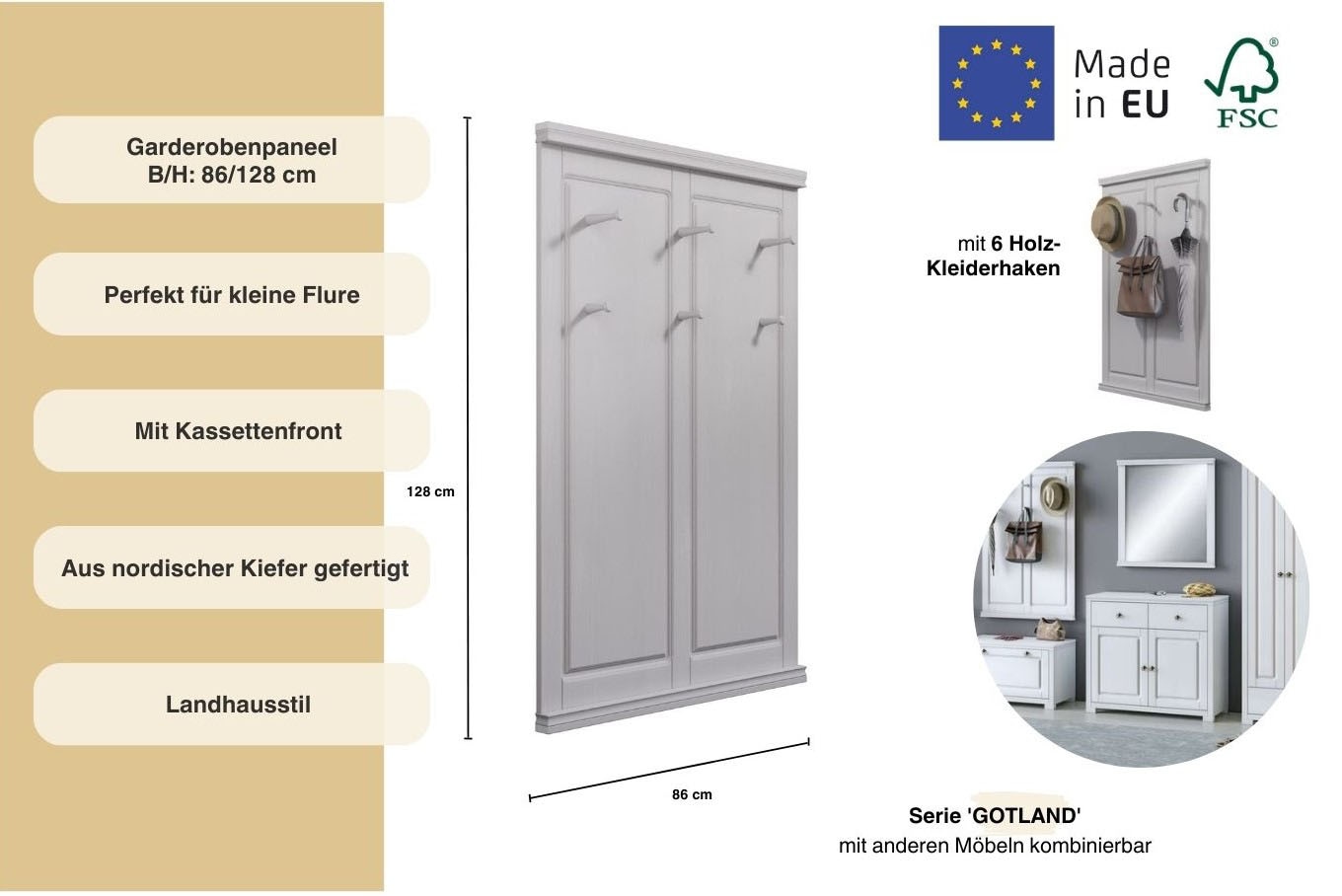 Home affaire Garderobenpaneel »Gotland« aus massiver Kiefer, FSC®-zertifiziert, mit 6 Haken, 85 cm breit