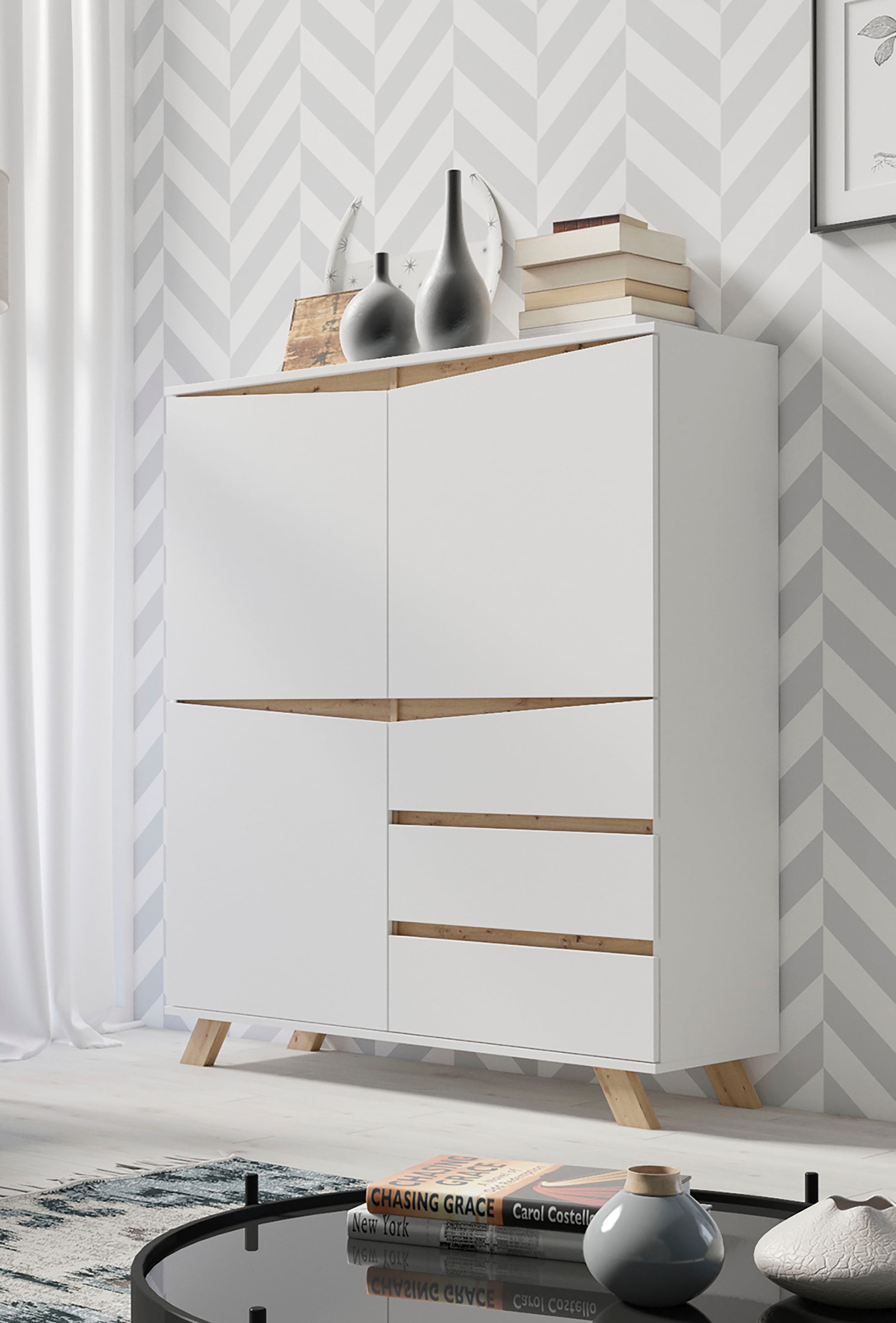 INOSIGN Highboard »Valentin«, 3 Schubkästen und 3 Türen, Breite 120cm in modernem Scandi - Design