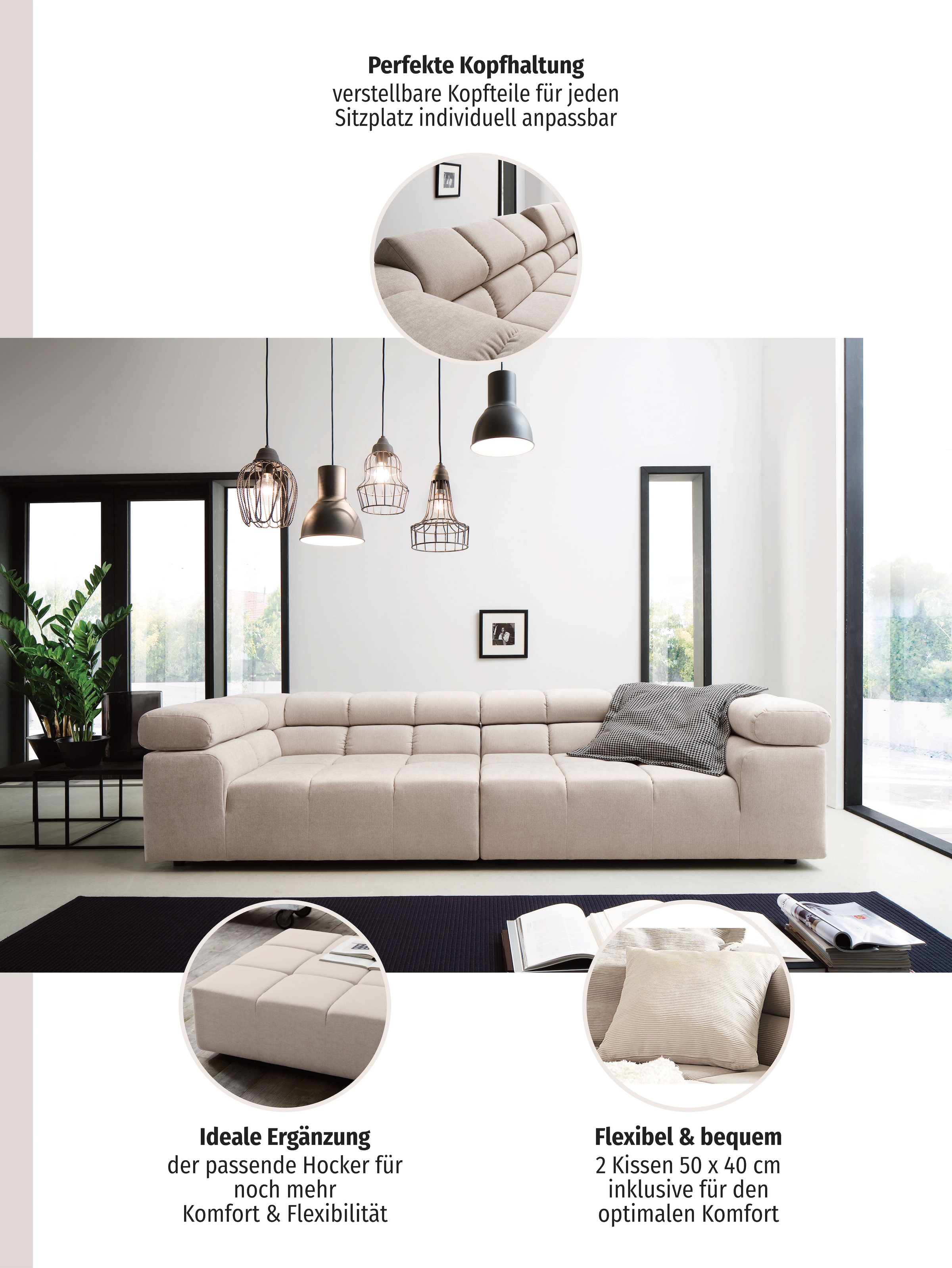 INOSIGN Big-Sofa »Ancona B/T/H: 290/110/70 cm« auffällige Steppung, inkl. 2 Zierkissen und verstellbaren Kopfstützen