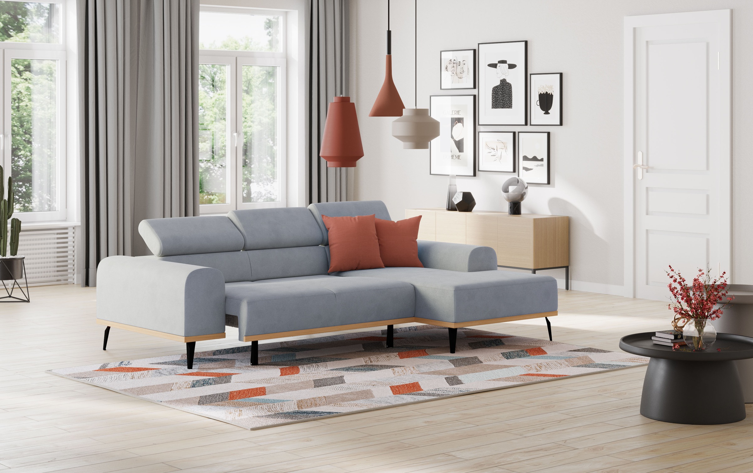 Places of Style Ecksofa »Carlo L-Form«, mit Kopfteilverstellung & Holz-Rahmenoptik, wahlweise Relaxfunktion