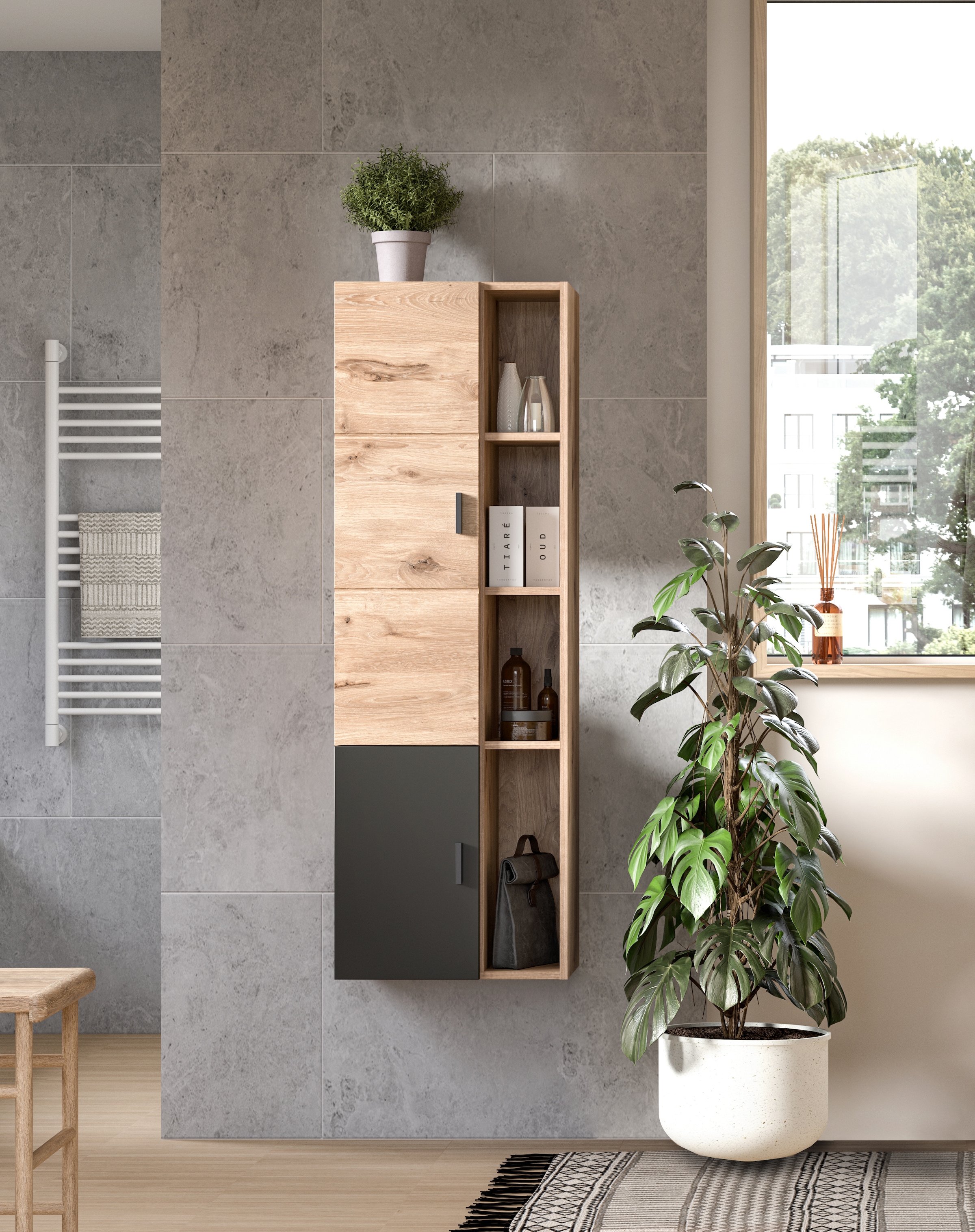 welltime Hochschrank »Dolo, Breite 48 cm, 2 Türen, 4 offene Fächer, 5 variable Einlegeböden«, (1 St.), Badmöbel, Hängeschrank, Badschrank, Schrank,Bad, Midischrank