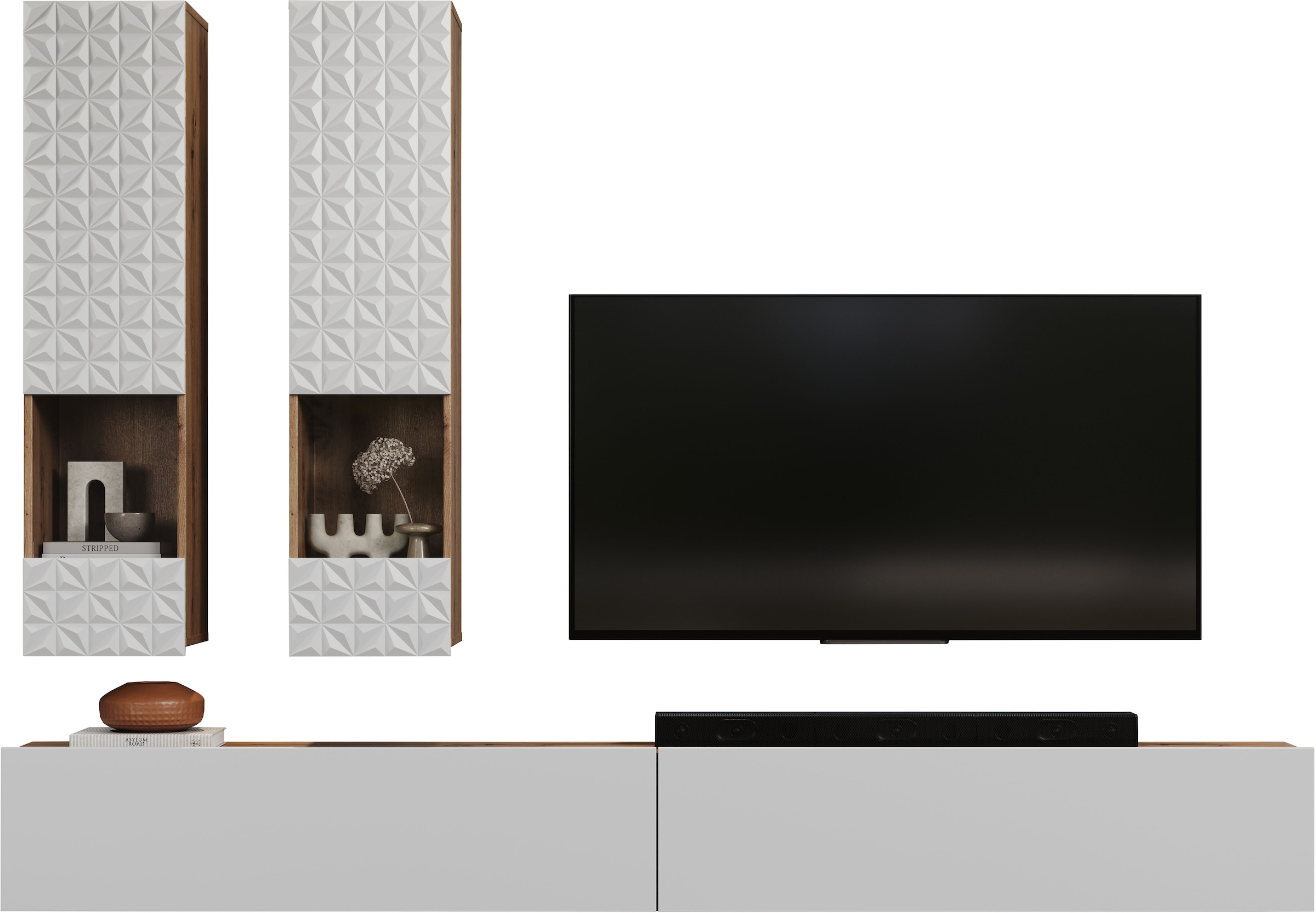 INOSIGN Wohnwand »Rezzo, 2 Hängevitrinen mit Relief-Front, 2 Lowboards je Br. 120 cm«, (Komplett-Set, 4 St.), insgesamt Br. 240 cm, Montage stehend oder hängend