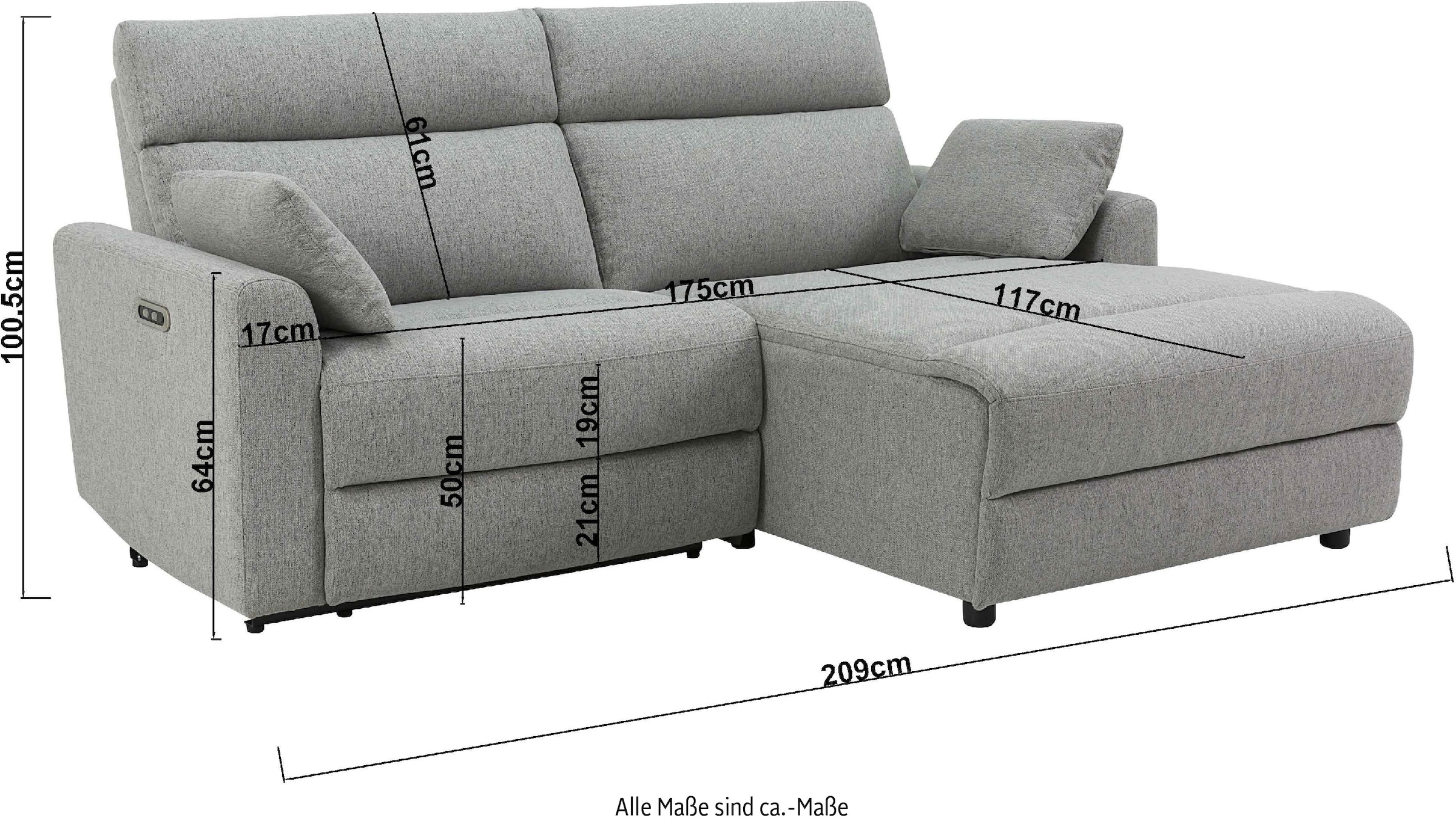 INOSIGN Ecksofa »JENNA, L-Form, 209cm, manuelle u. elektrische Funktion, mit USB A/C,«, Liegefunktion 105°-150°, Federkern, Struktur fein