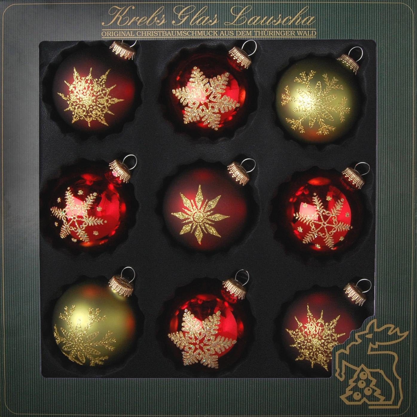 Krebs Glas Lauscha Weihnachtsbaumkugel »Schneeflocken, Weihnachtsdeko rot, Christbaumschmuck«, (Set, 9 St.), hochwertige Christbaumkugeln aus Glas, mundgeblasen, rot/grün