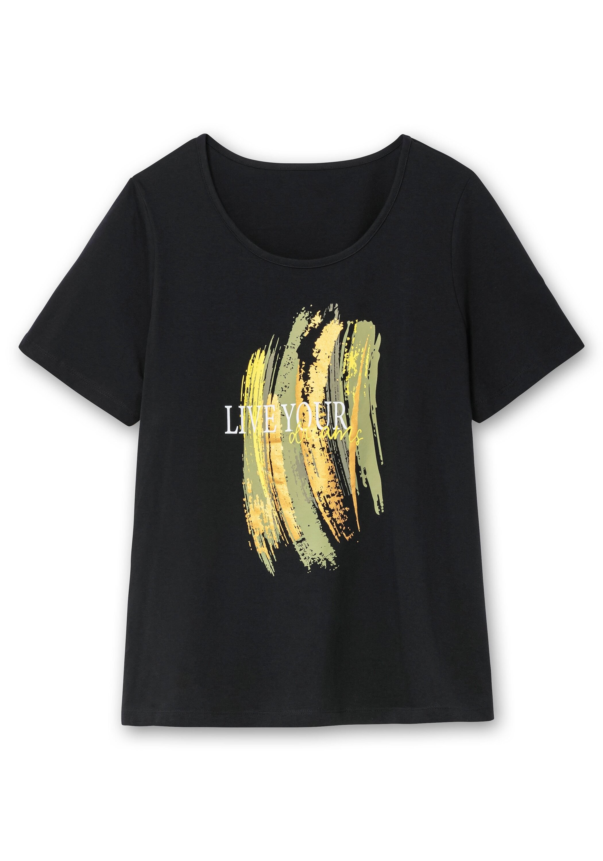 Sheego T-Shirt »Kurzarmshirt mit Frontdruck und Glitzereffekt«