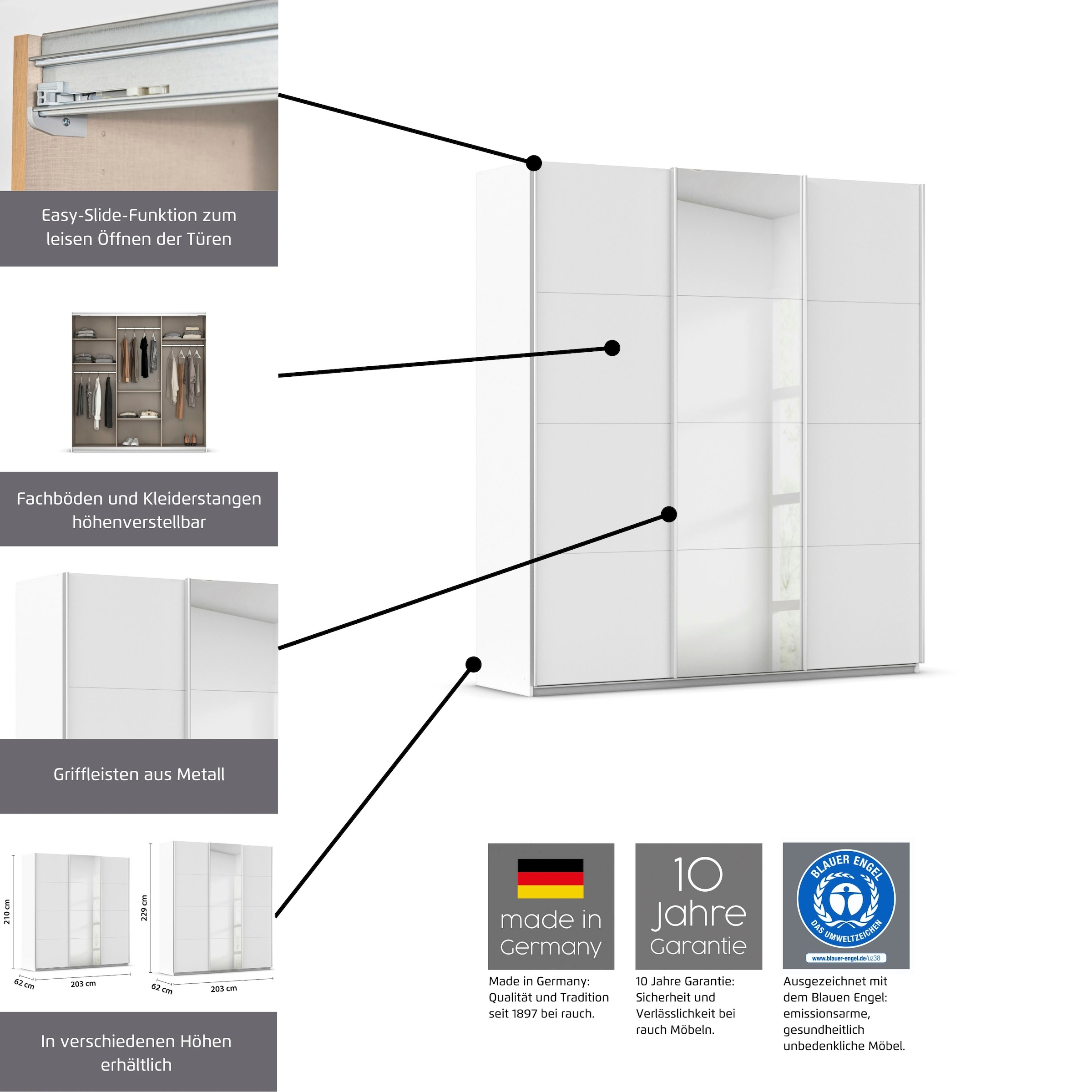 rauch Schwebetürenschrank »Kleiderschrank Schrank Garderobe AGORDO«, (in zwei Griff-Farben), Top Innenausstattung, in 4 Breiten und 2 Höhen MADE IN GERMANY