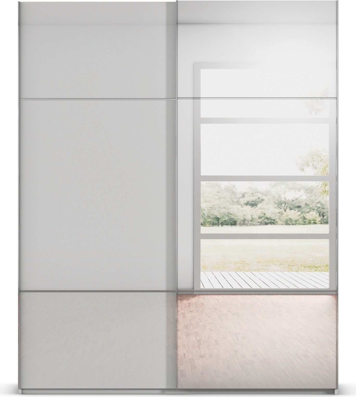 rauch Schwebetürenschrank »Kleiderschrank Schrank Garderobe Schlafzimmerschrank SCALE-TRIO«, edle dreigeteilte Front mit 2 Zierleisten Spiegel/Glas MADE IN GERMANY