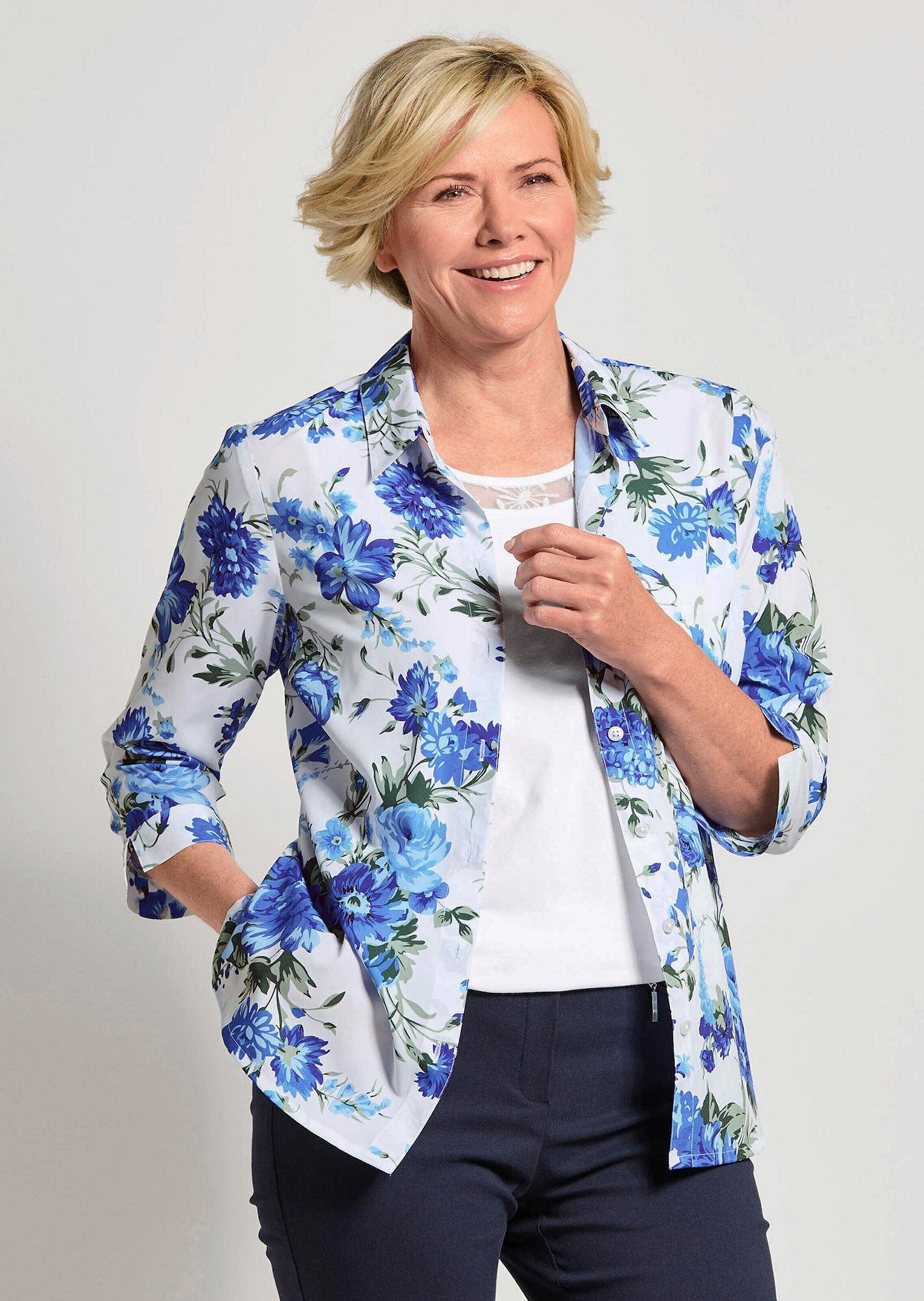 GOLDNER Klassische Bluse »Kurzgröße Hemdbluse mit Spitzenshirt« Spitzeneinsatz