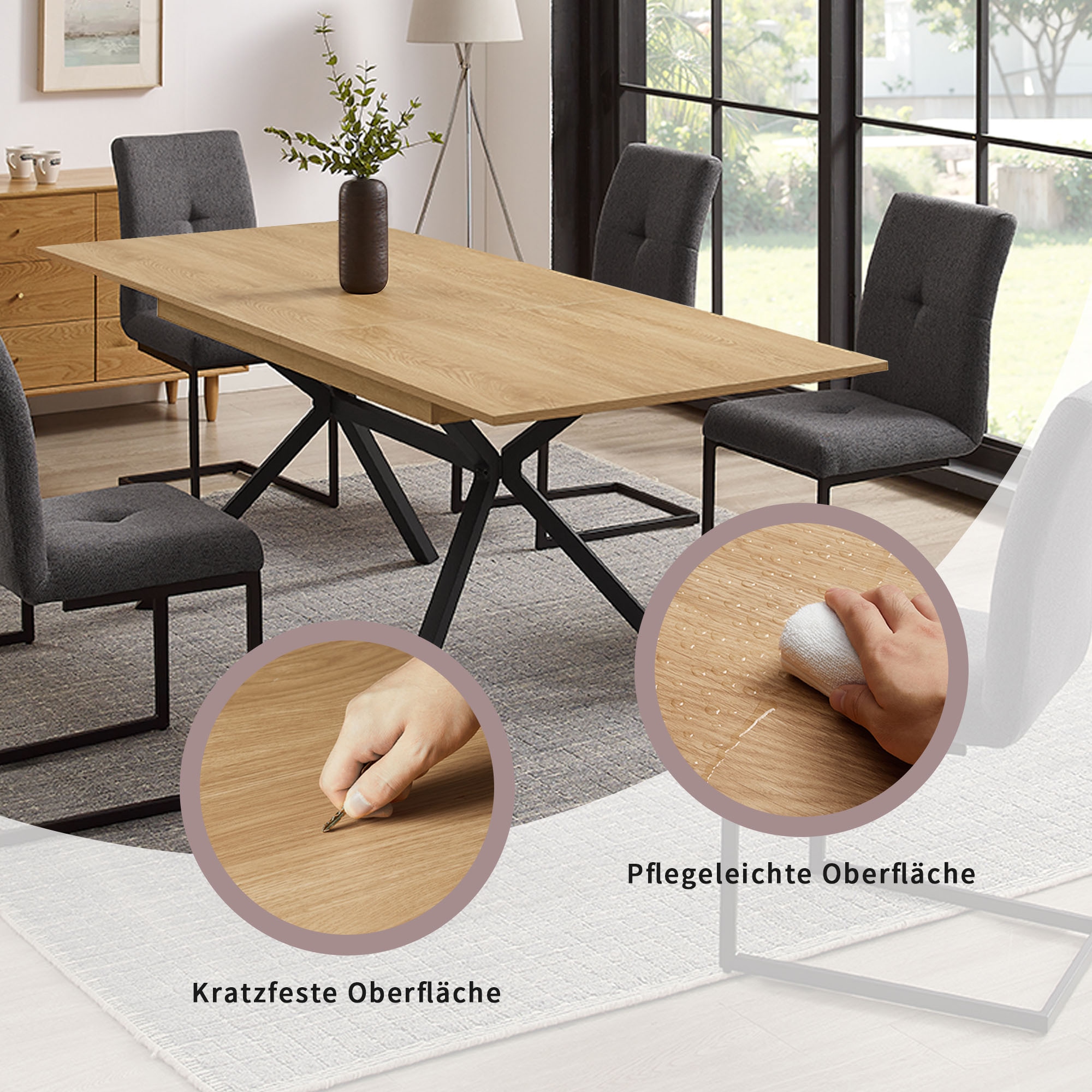 OTTO home Essgruppe »Vendy«, (Set, 7 tlg.), pflegeleichte Strukturstoff-Stühle, 3D-Steppung, ausziehbarer Tisch