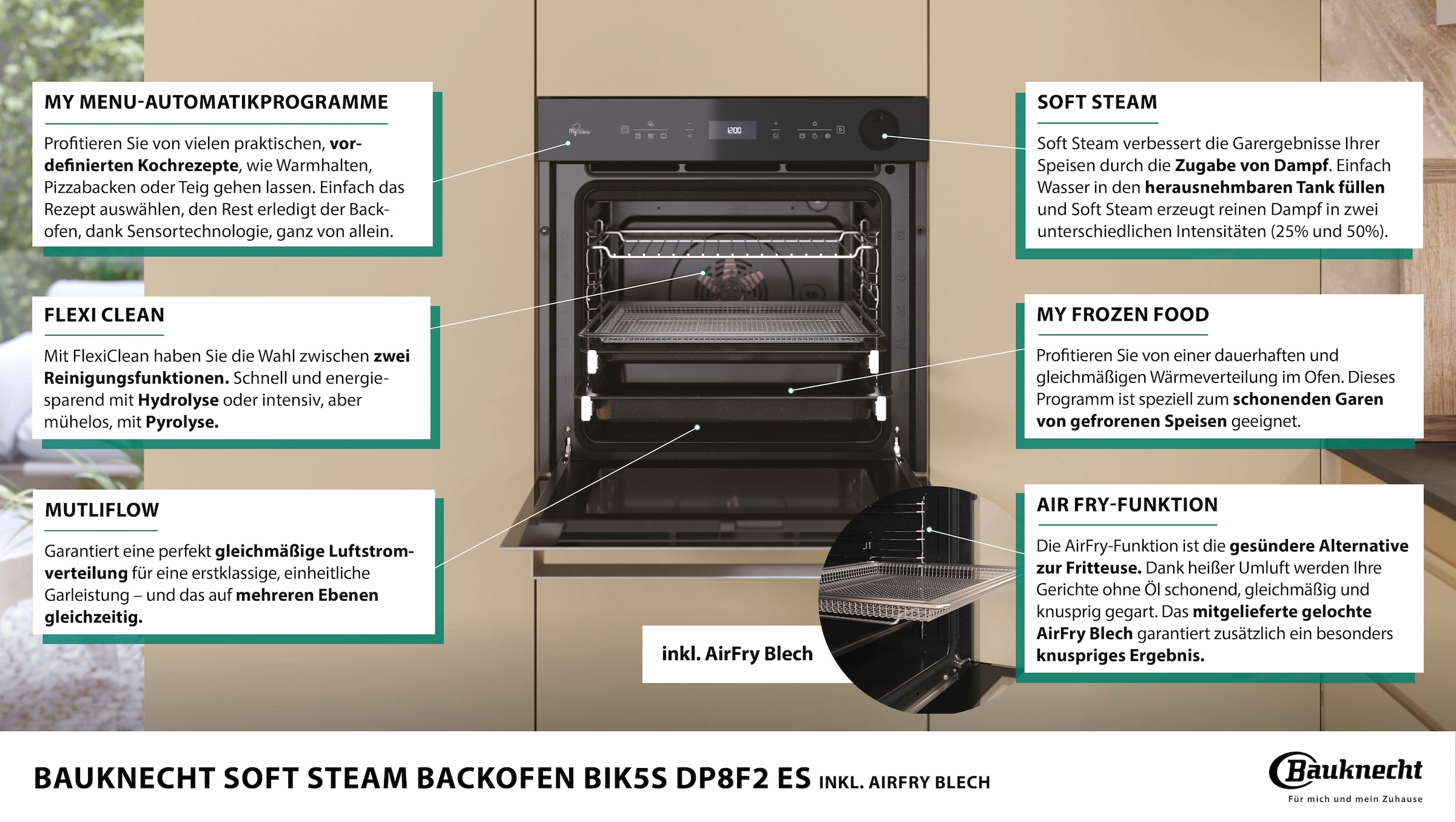 BAUKNECHT Einbaubackofen  »BIK5S DP8F2 ES«, mit 2-fach-Teleskopauszug, Pyrolyse & Hydrolyse, AirFry-Funktion