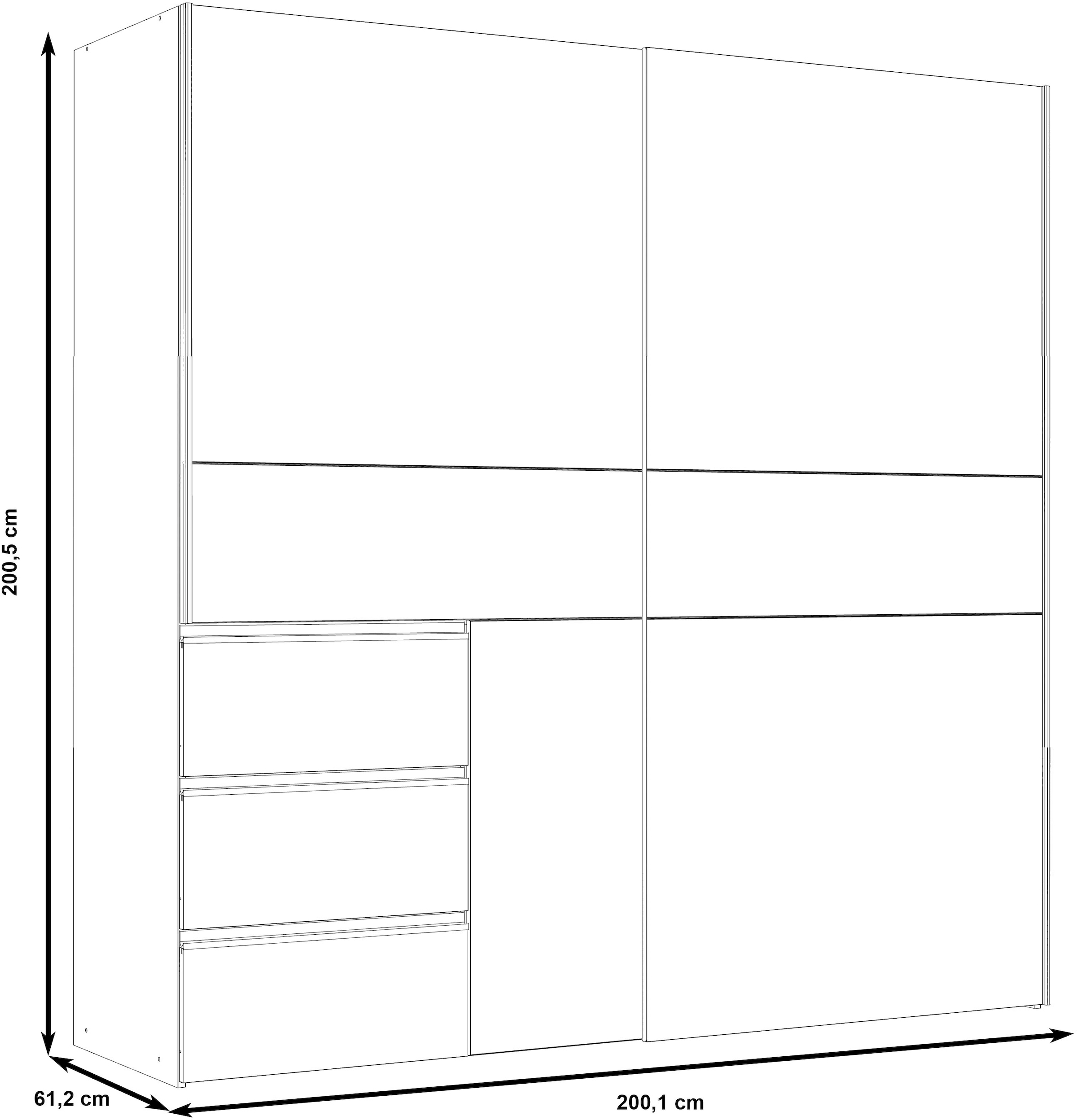 FORTE Schwebetürenschrank »Winn, Schiebetürenschrank mit 3 Schubladen, Made in Europe«, (In 2 Größen erhältlich - B/H/T ca. 170x200,5x61cm und 200x200,5x61cm), verschiedene Größen und Farben, sehr viel Stauraum