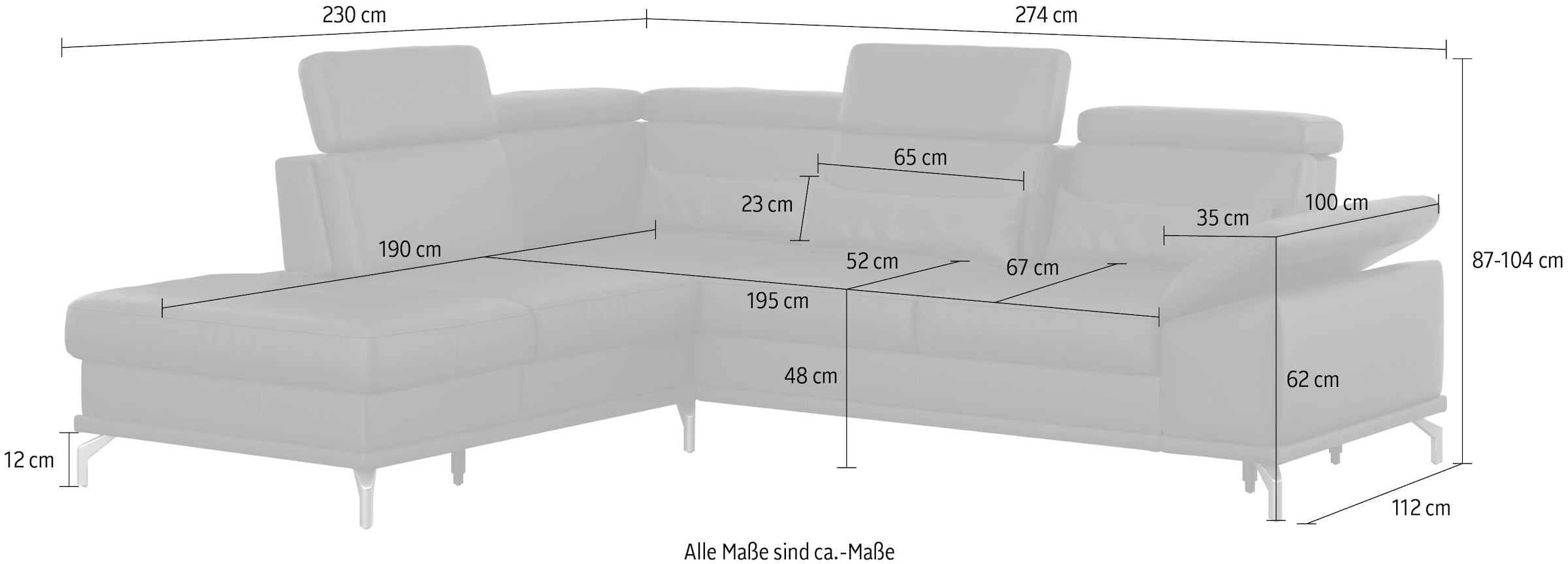 sit&more Ecksofa »Cabrio L-Form, B: 274 cm, mit Sitztiefen-, Arm- & Kopfteilverstellung«, 3 Nierenkissen, Federkern, optional Bettfunktion und Stauraum
