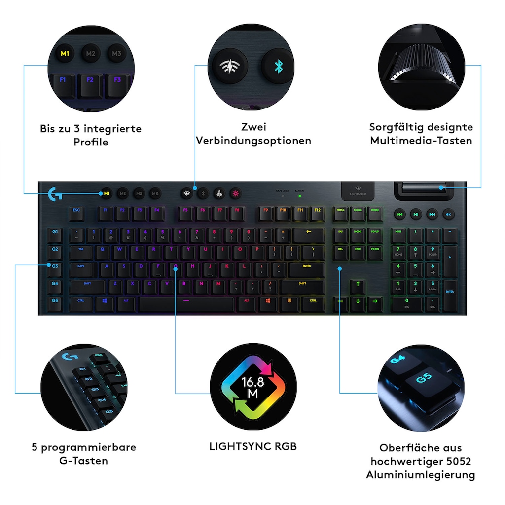 Logitech G Gaming-Tastatur »G915 LIGHTSPEED Wireless RGB«, (USB-Anschluss-Ziffernblock-Multimedia-Tasten)