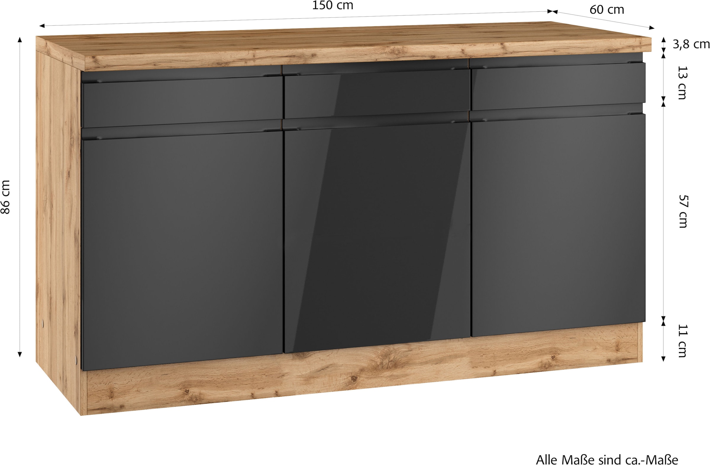 KOCHSTATION Unterschrank »KS-Virginia,neu in verbesserter Ausführung« Stauraum, Softclose,  Breite 150 cm, 3 Türen, Soft-Close-Funktion
