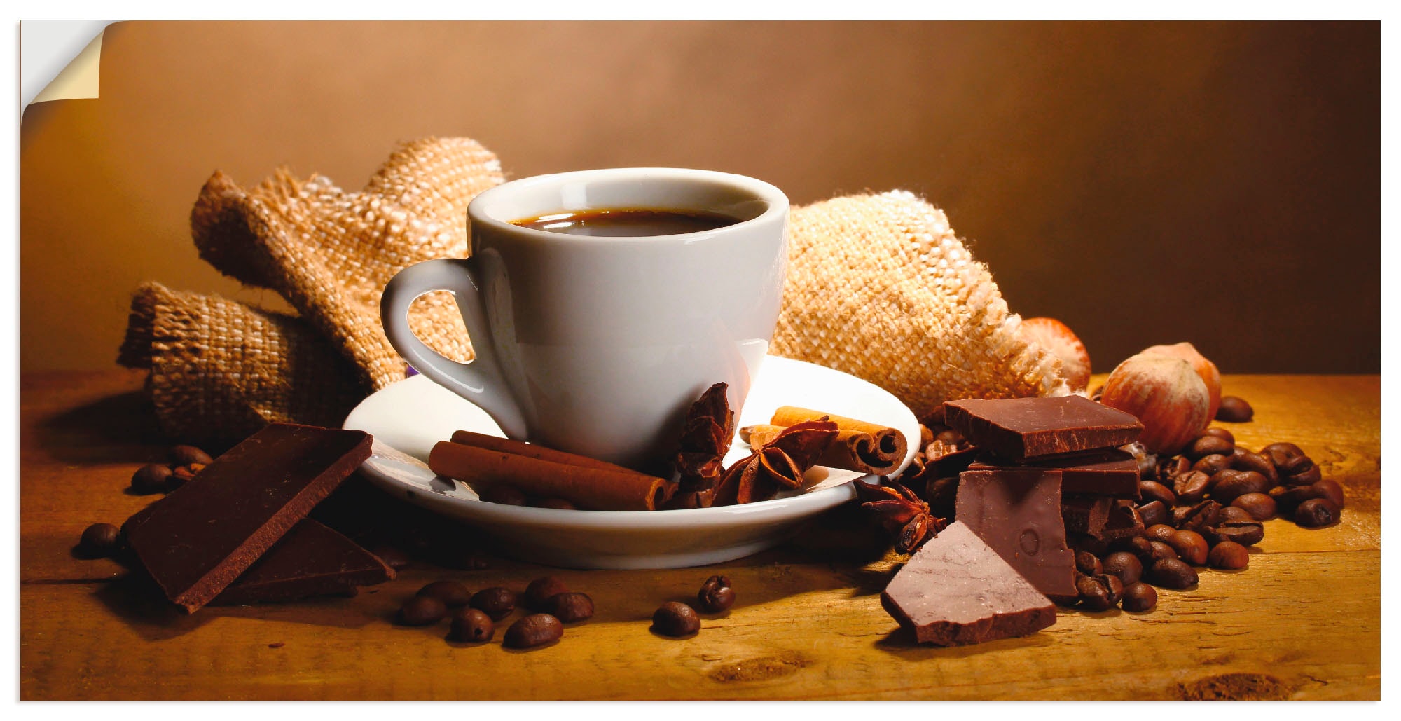 Artland Wandbild »Kaffeetasse Zimtstange Nüsse Schokolade«, Getränke, (1 St.), in vielen Größen & Produktarten - Alubild / Outdoorbild für den Außenbereich, Leinwandbild, Poster, Wandaufkleber / Wandtattoo auch für Badezimmer geeignet