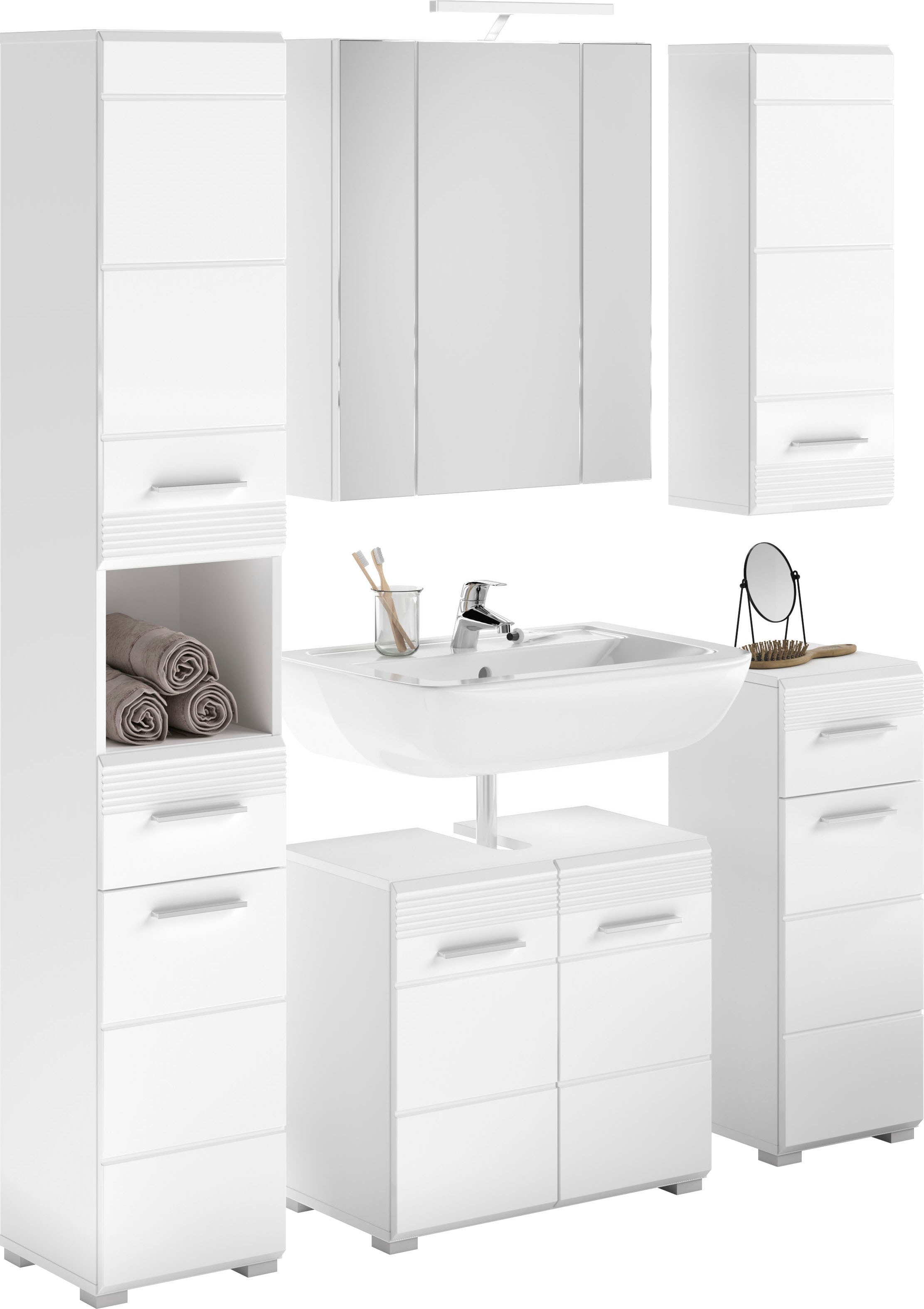 INOSIGN Badmöbel-Set »Malmö, 5 teilig, inklusive LED Beleuchtung, bestehend aus:«, (Set, 5 St.), Hochschrank, WBU, Spiegelschrank, Unterschrank, Hängeschrank