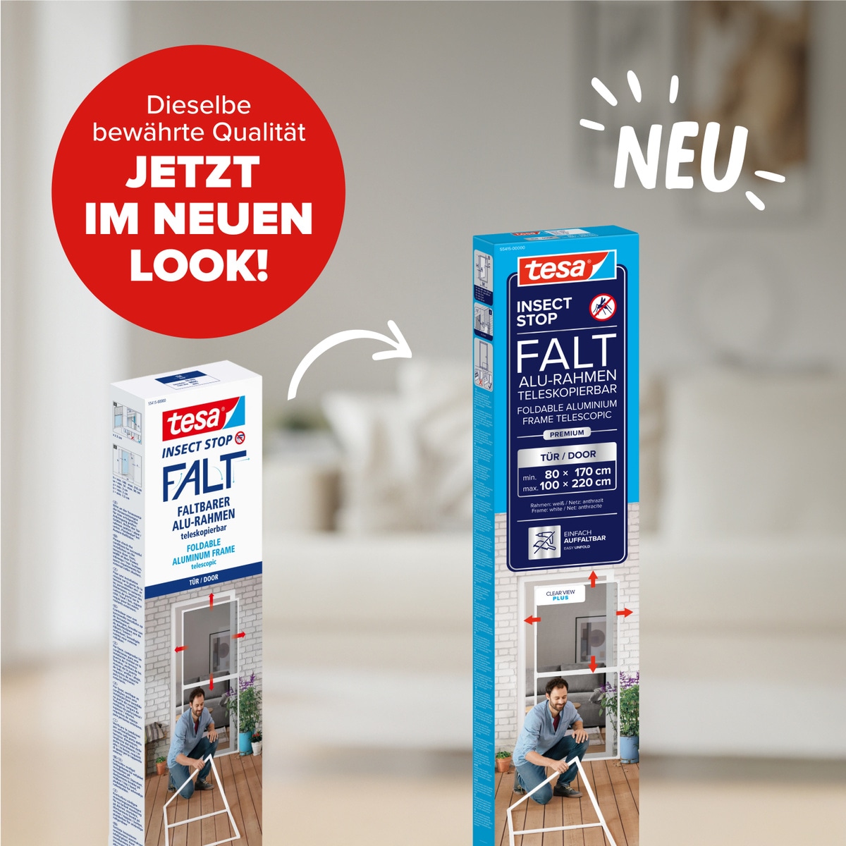 tesa Insektenschutz-Tür »Insect Stop Falt Fliegengitter für Türen - max. 1 m : 2,20 m« Packung, Teleskop Alu Rahmen, 1 Stk. tlg. mit verstellbarem Rahmen aus Aluminium - ohne Bohren
