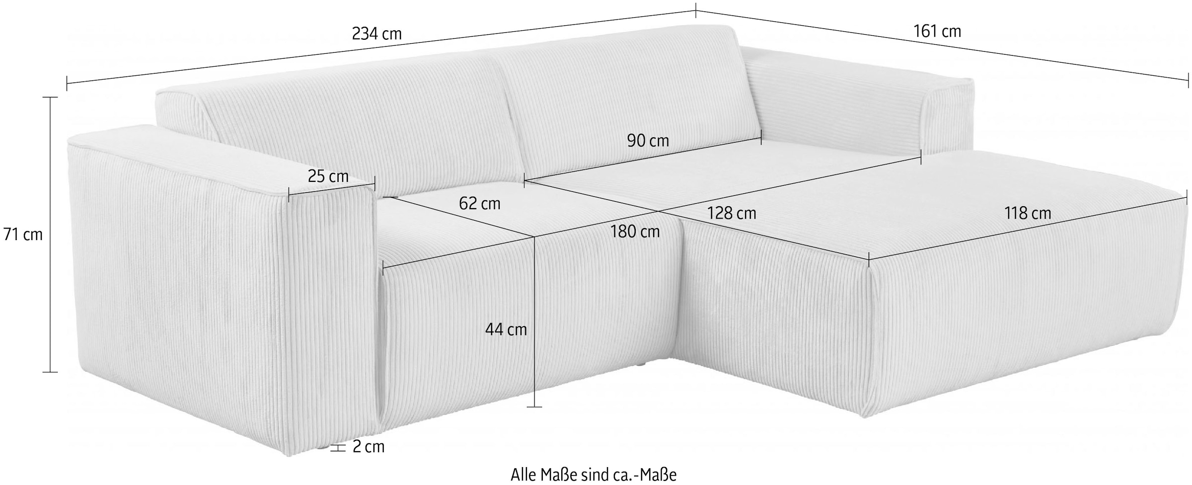 andas Ecksofa »Noord mit Kedernaht, Breite 234 cm, L-Form«, Cord, Struktur, Webstoff, mit Wellenunterfederung, Massivholzrahmen