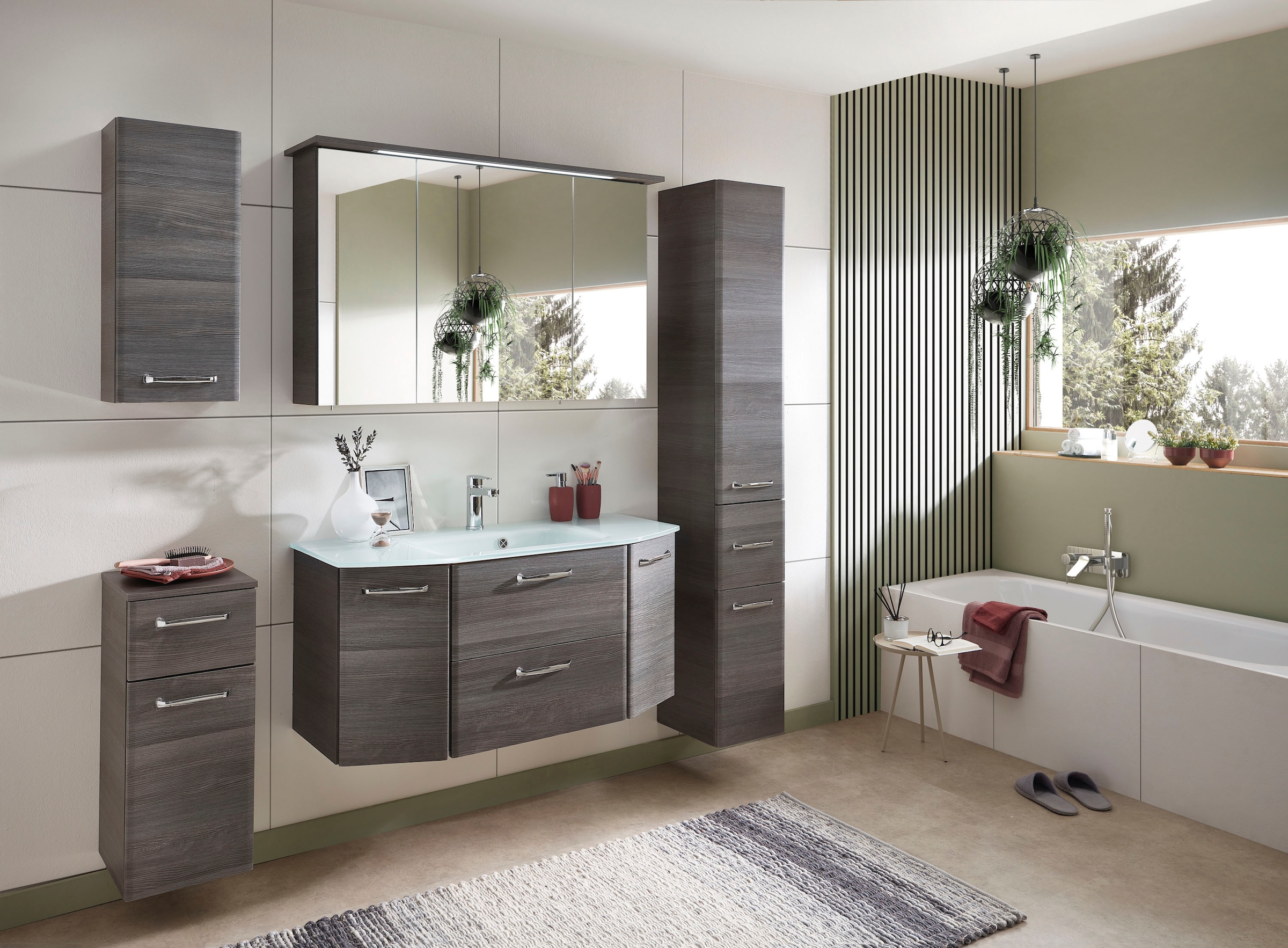 Saphir Waschtisch »Quickset Waschplatz inkl. Glaswaschtisch, 112 cm breit, 2 Türen«, Unterschrank mit Waschbecken, inkl. Türdämpfer, Griffe Chrom Glanz