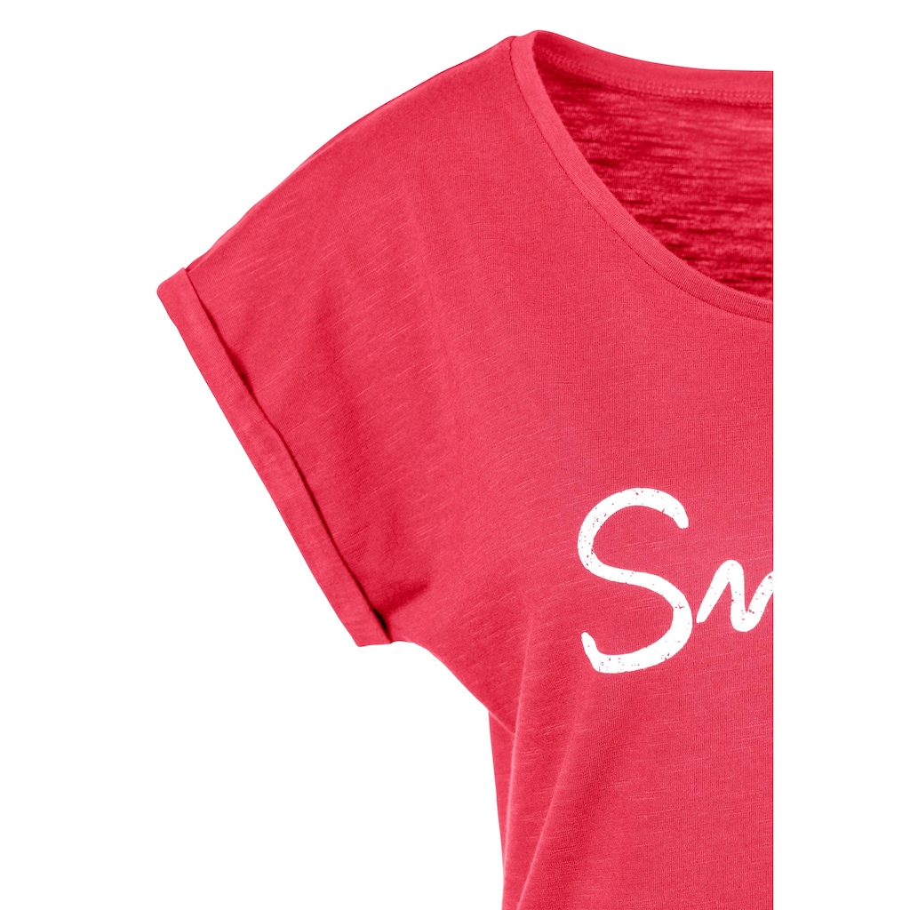 Beachtime T-Shirt, mit modischem Sprüche Frontdruck "Smile"