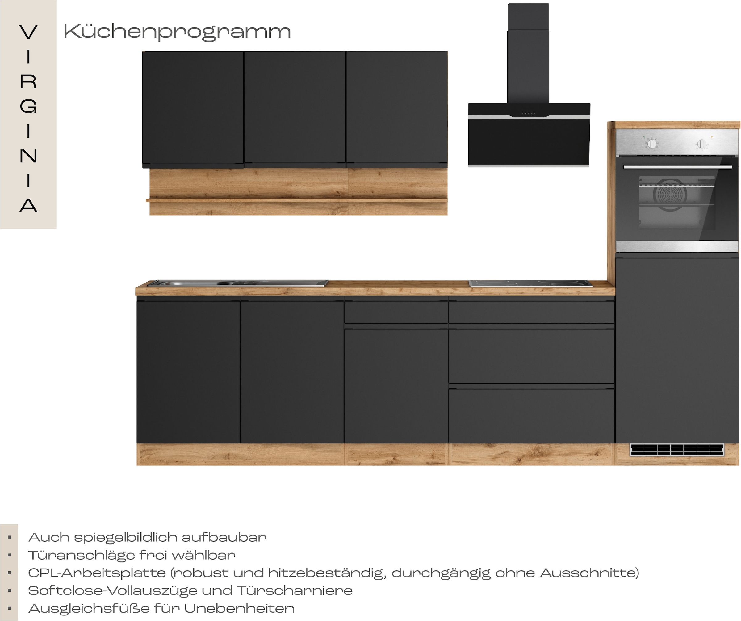 KOCHSTATION Küchenzeile »KS-Virginia,neu in verbesserter Ausführung« Arbeitsplatte 38 mm stark, Stauraum, Softclose,  Breite 290, Soft-Close-Funktion, ohne E-Geräte