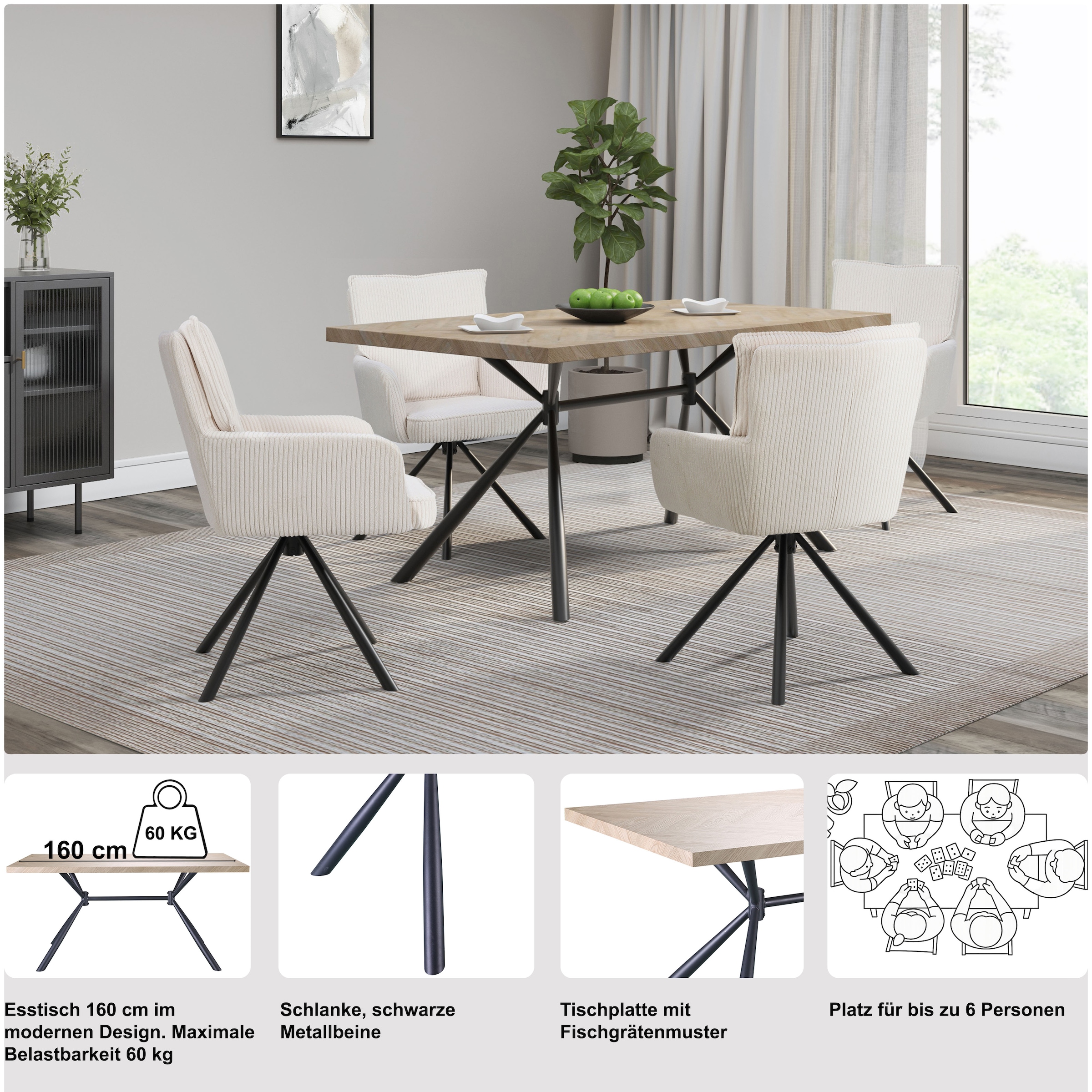 OTTO home Esstisch »Larchant« Tischplatte in Fischgrätoptik, schwarze Metallbeine, Höhe 76 cm