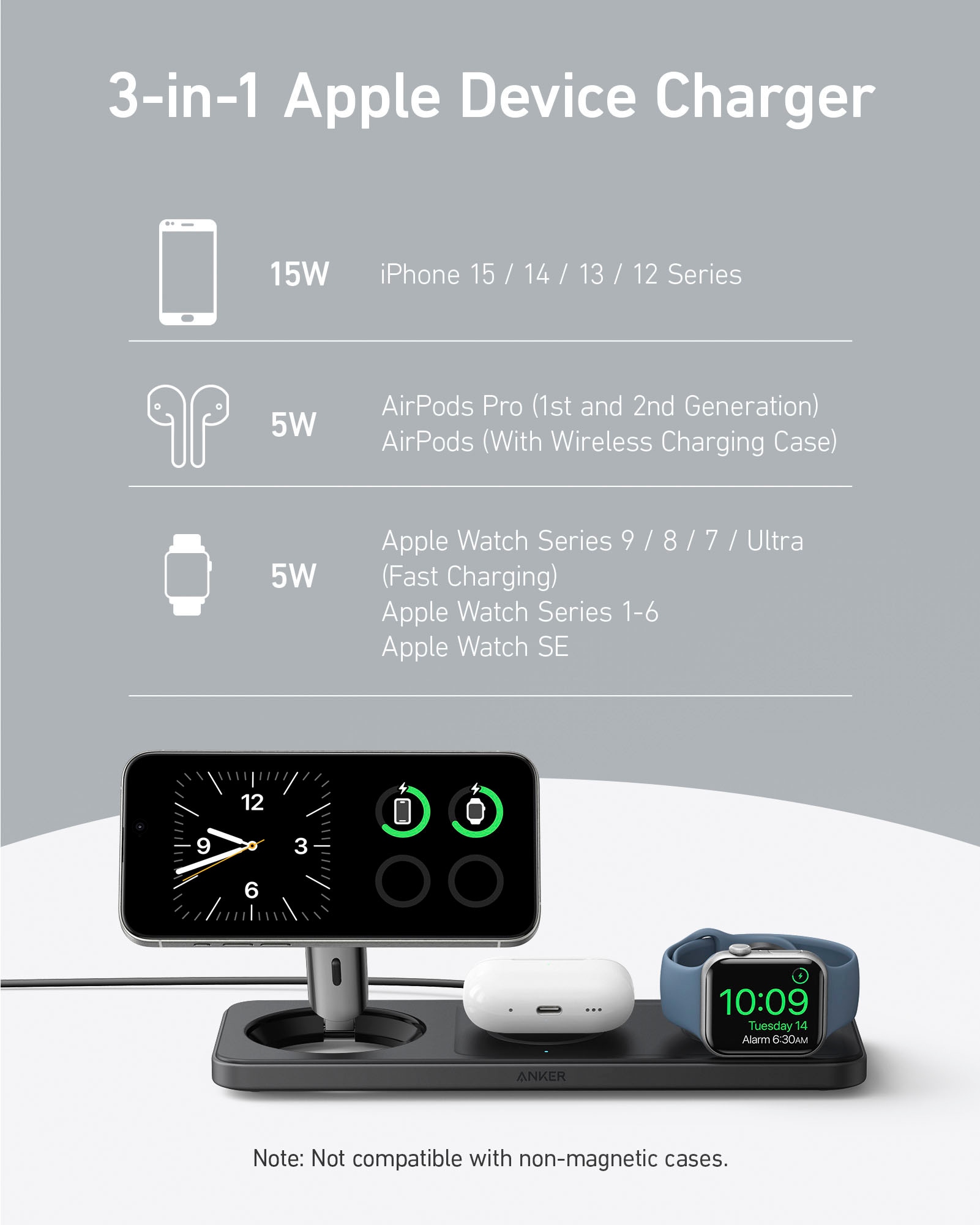 Anker Ladestation »Charger MagGo Magnetic Wireless Charger 15W 3-in1 Pad EU Plug«