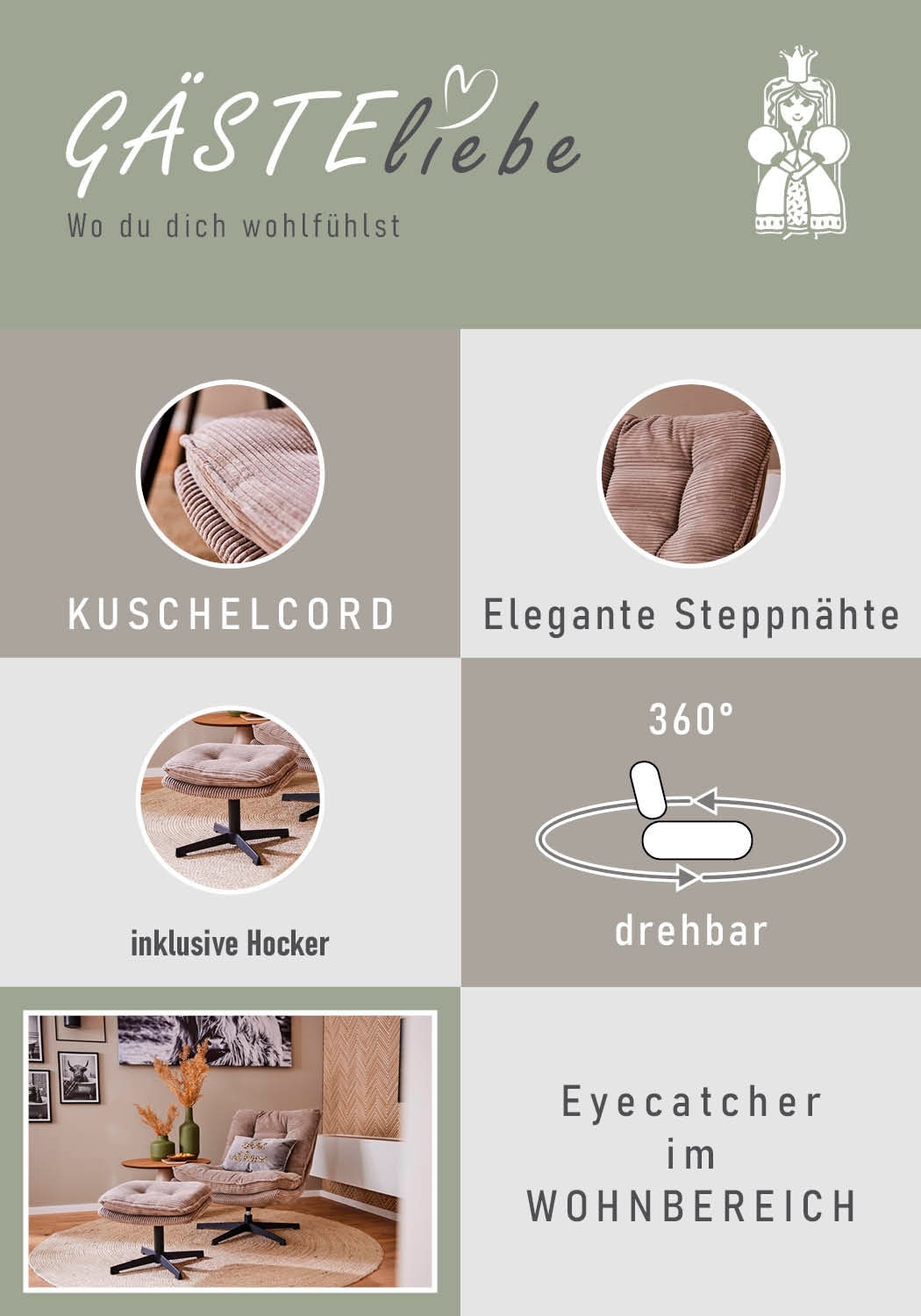 Jockenhöfer Gruppe »Kasper, B: 76 cm, Sitzhöhe: 47 cm« Set: mit Hocker, 360° Drehfunktion, Cord