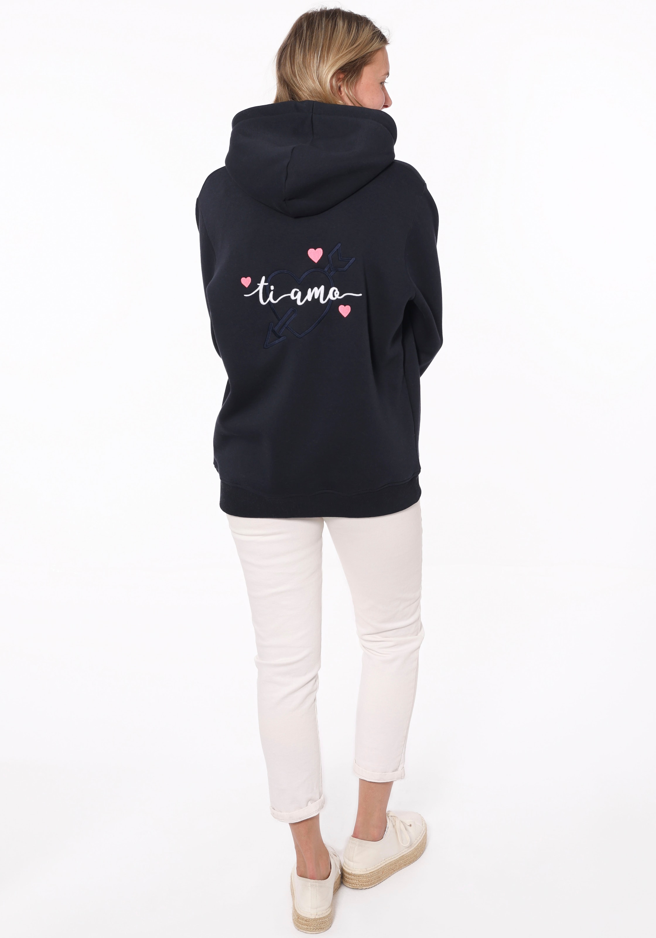 Zwillingsherz Kapuzensweatshirt, mit "Amore"-Schriftzug und Herzchen am Rücken