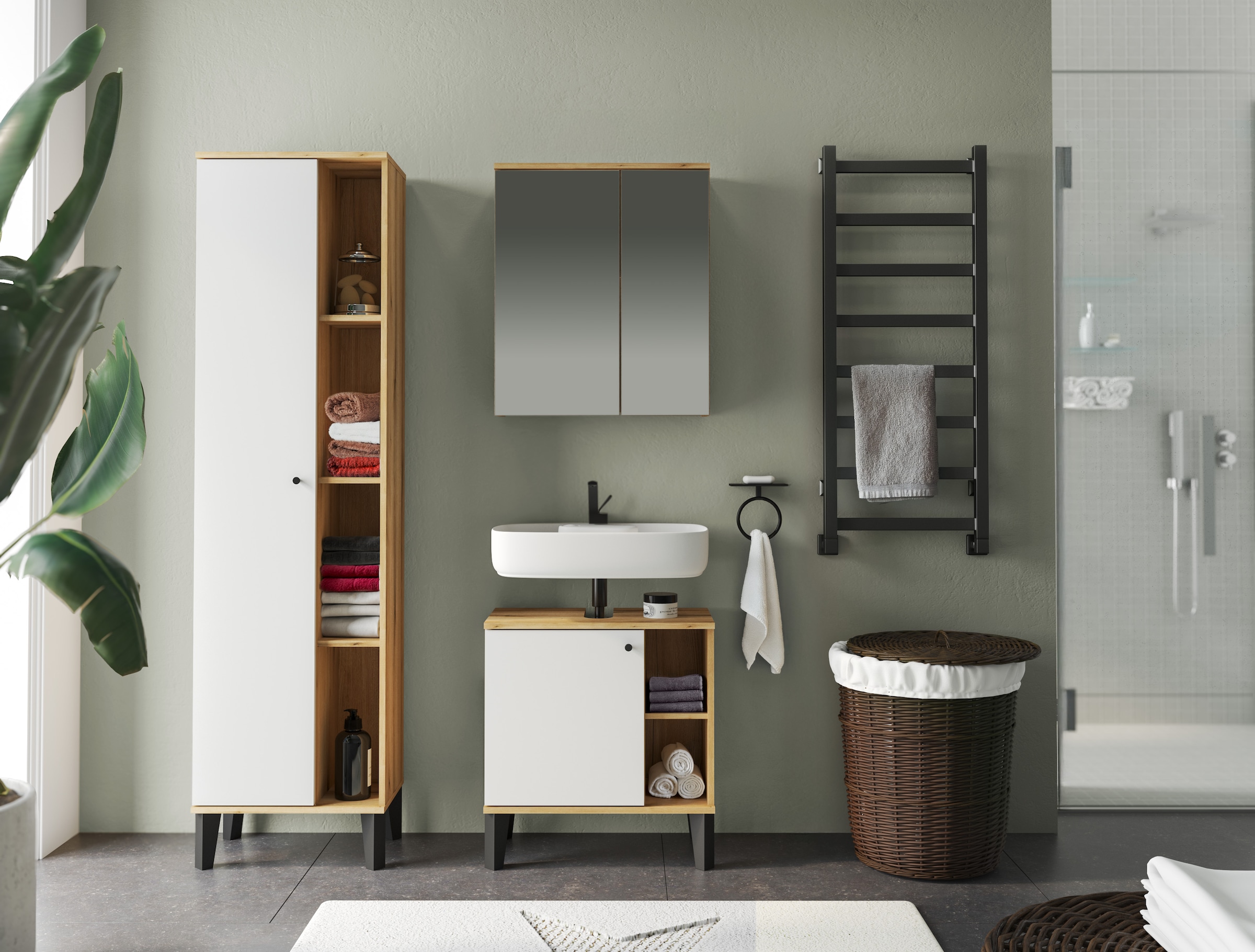 INOSIGN Badmöbel-Set »OSLO, Bad im skandinavischen Design, 3-teiliges Badezimmer«, (Set, 3 St.), Badschränke und Spiegel, in zwei Farben verfügbar, viel Stauraum