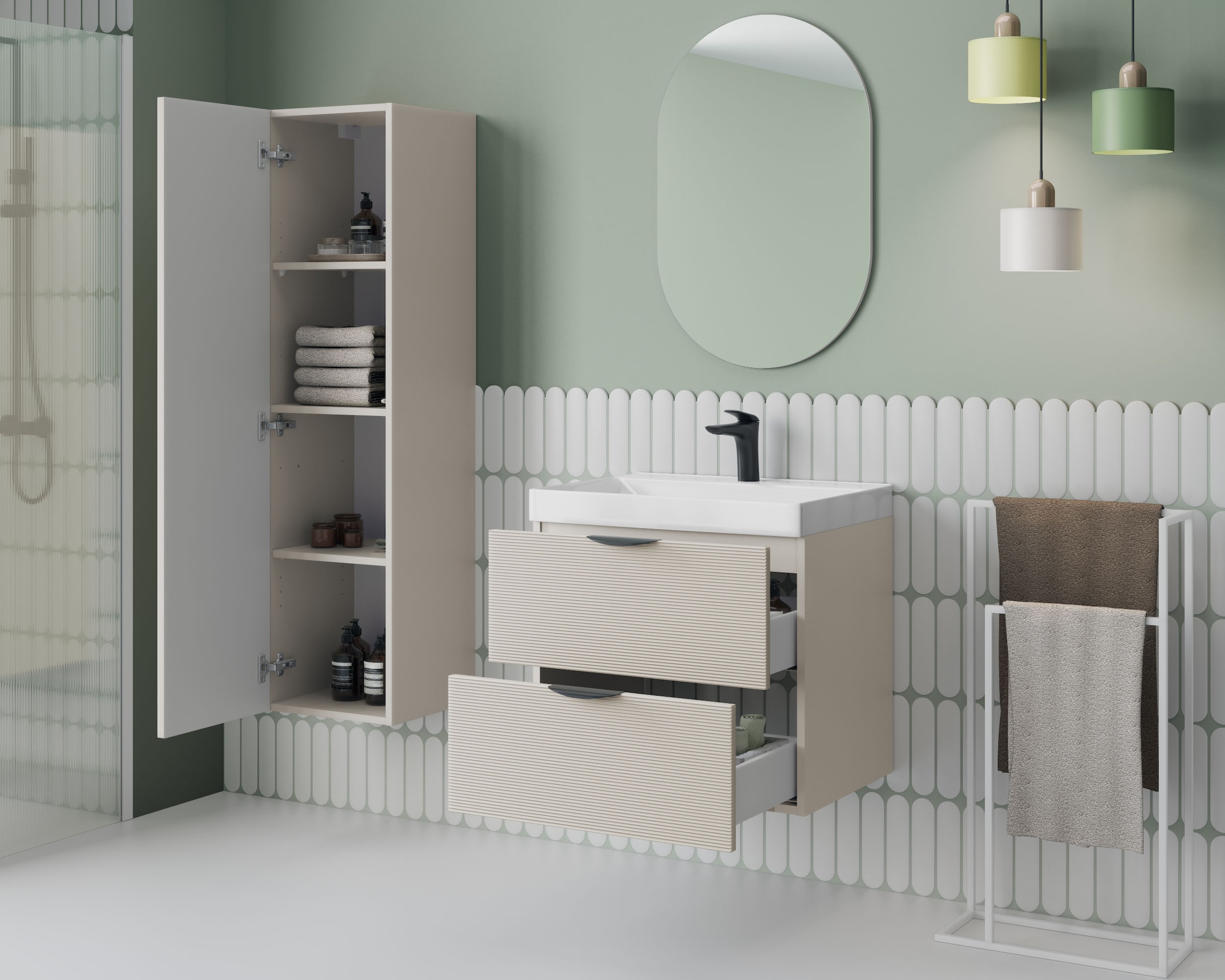 welltime Hängeschrank »FLOW STRIPE rechts/links montierbar, Breite 35 cm, modernes Design« Schrank mit 3 Einlegeböden, Push-to-open-Function