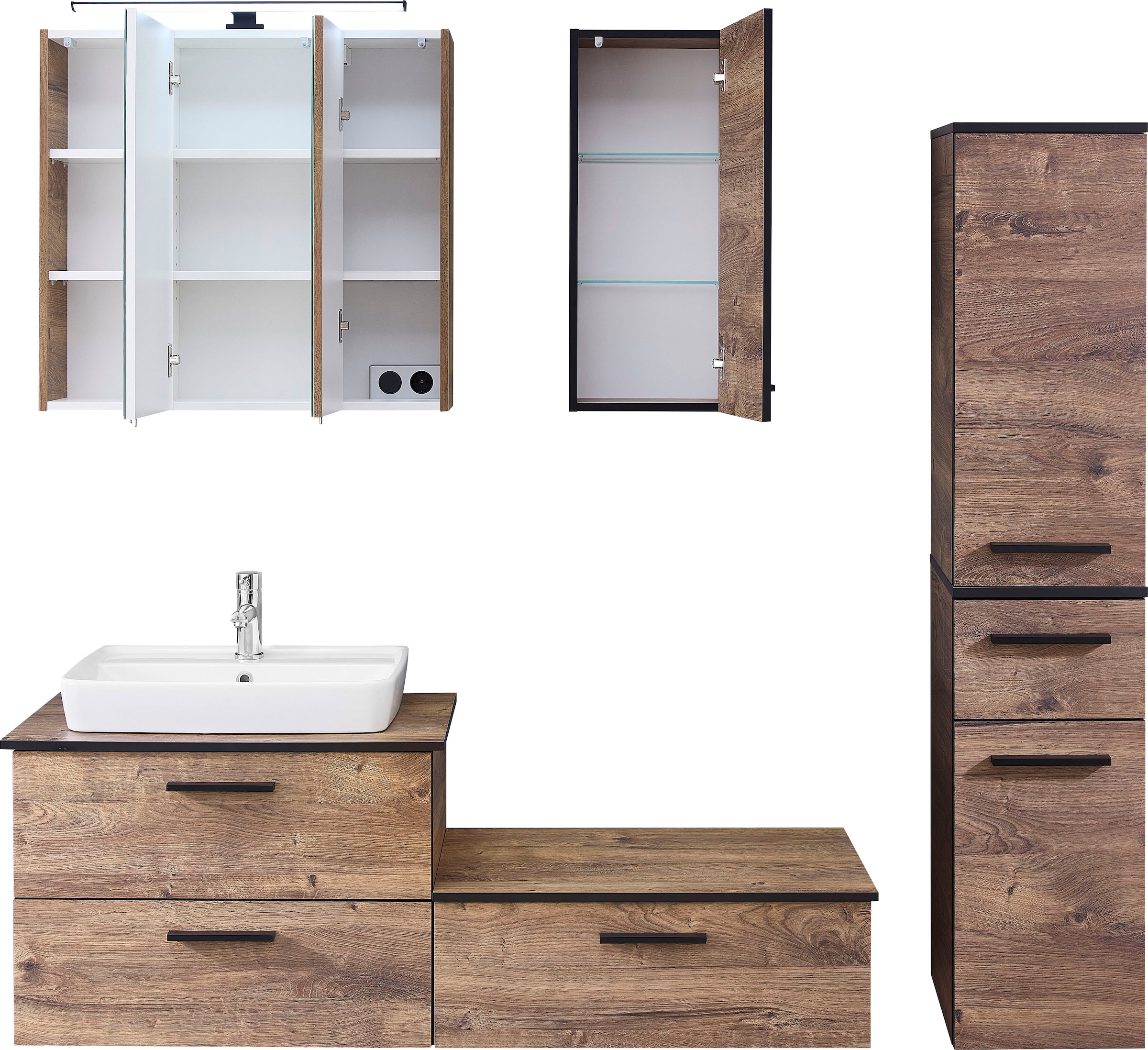 Saphir Badmöbel-Set »Quickset 374 6-teilig Keramik-Aufsatzbecken mit LED-Spiegelschrank«, (8 St.), Unterschrank, Midischrank, Hängeschrank, inkl. Türdämpfer, 6 Türen
