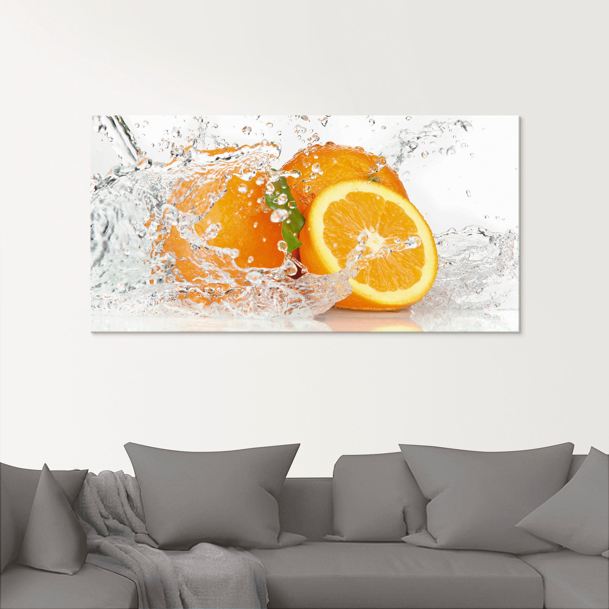 Artland Glasbild »Orange mit Spritzwasser« Süßspeisen 1 Stk. tlg. in verschiedenen Größen in orange, Größe B/H/T: 100 cm x 50 cm
